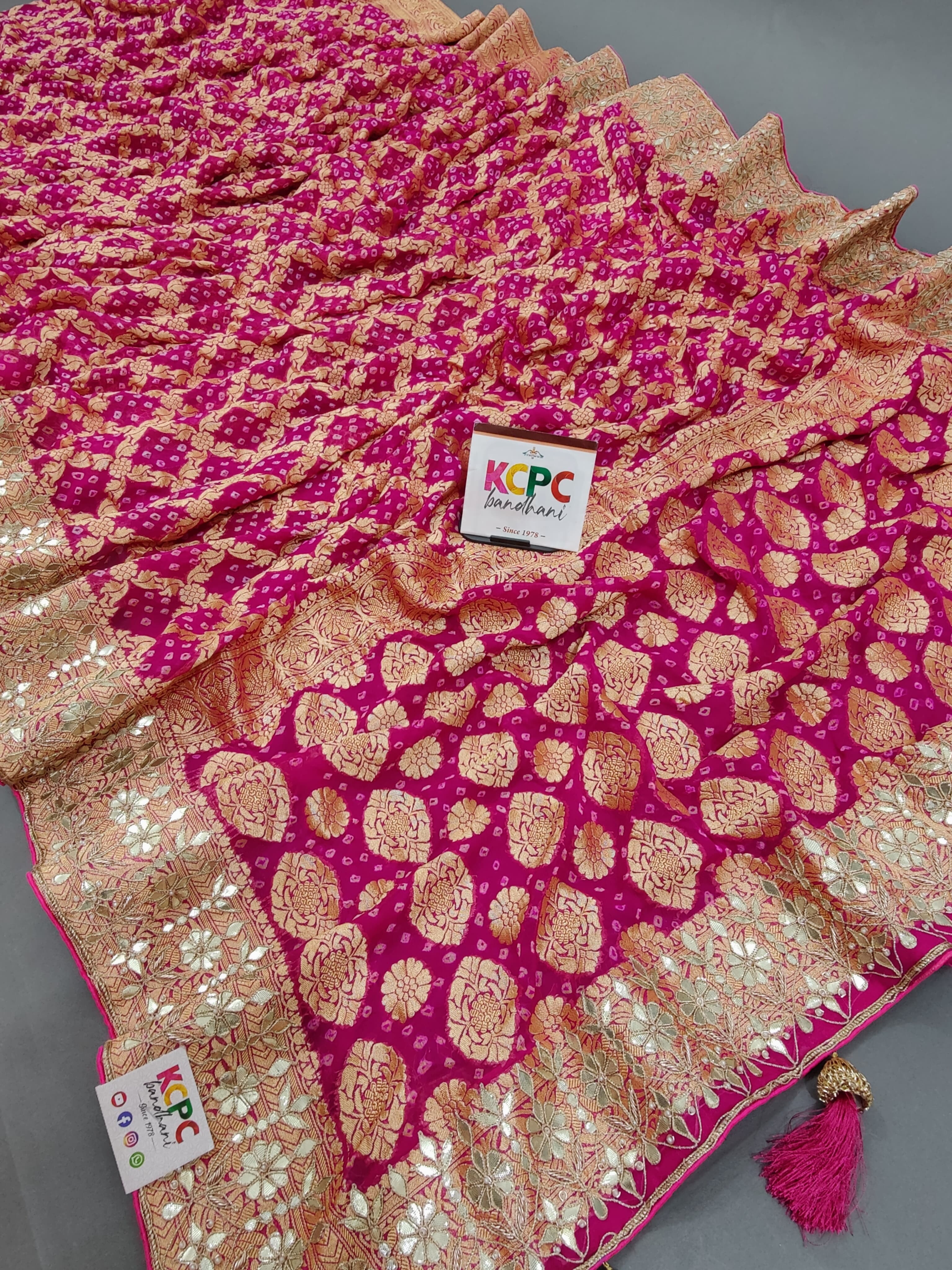 Khaddi Georgette Neemzari Bandhej Gotapatti work saree