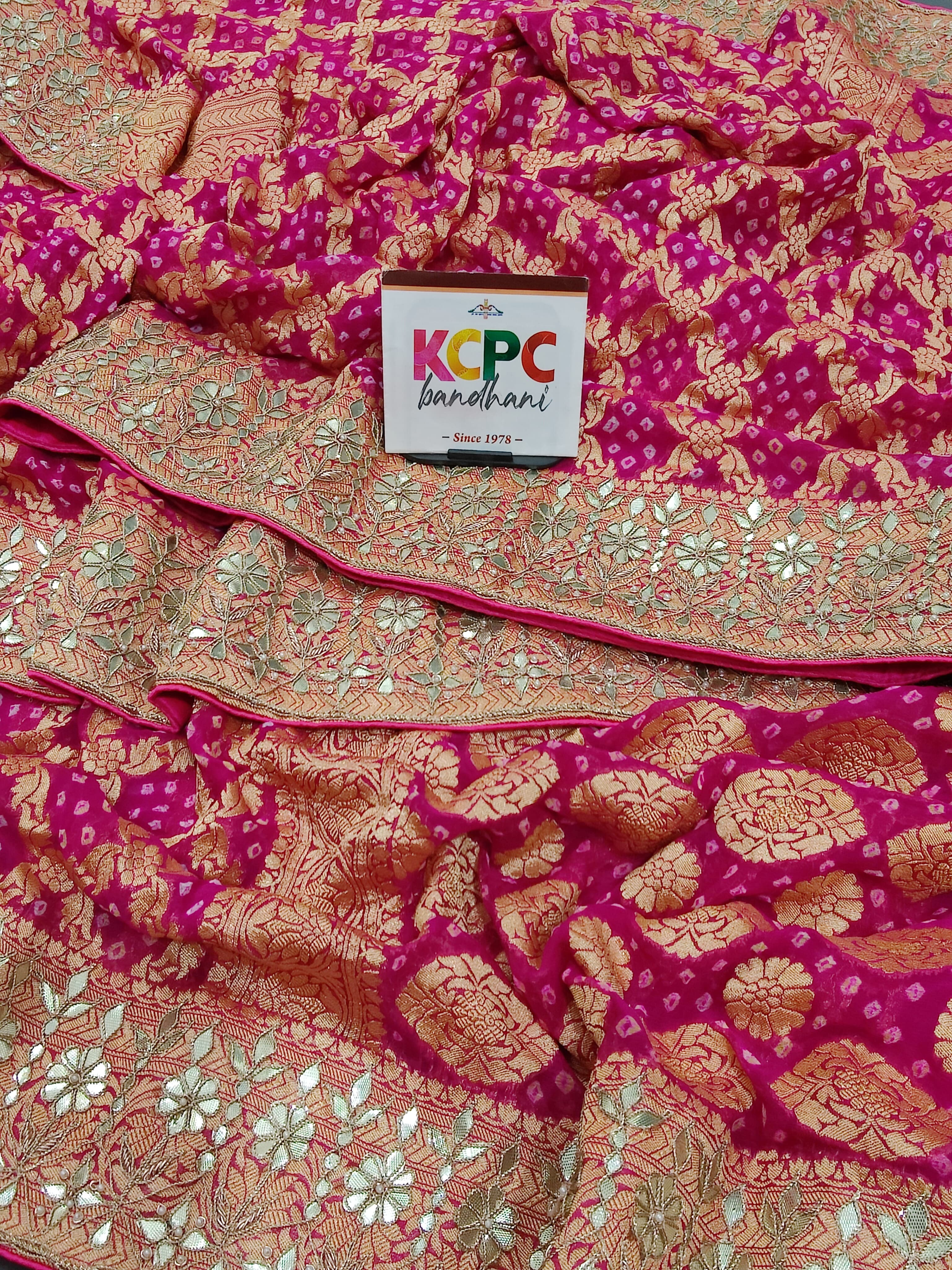 Khaddi Georgette Neemzari Bandhej Gotapatti work saree