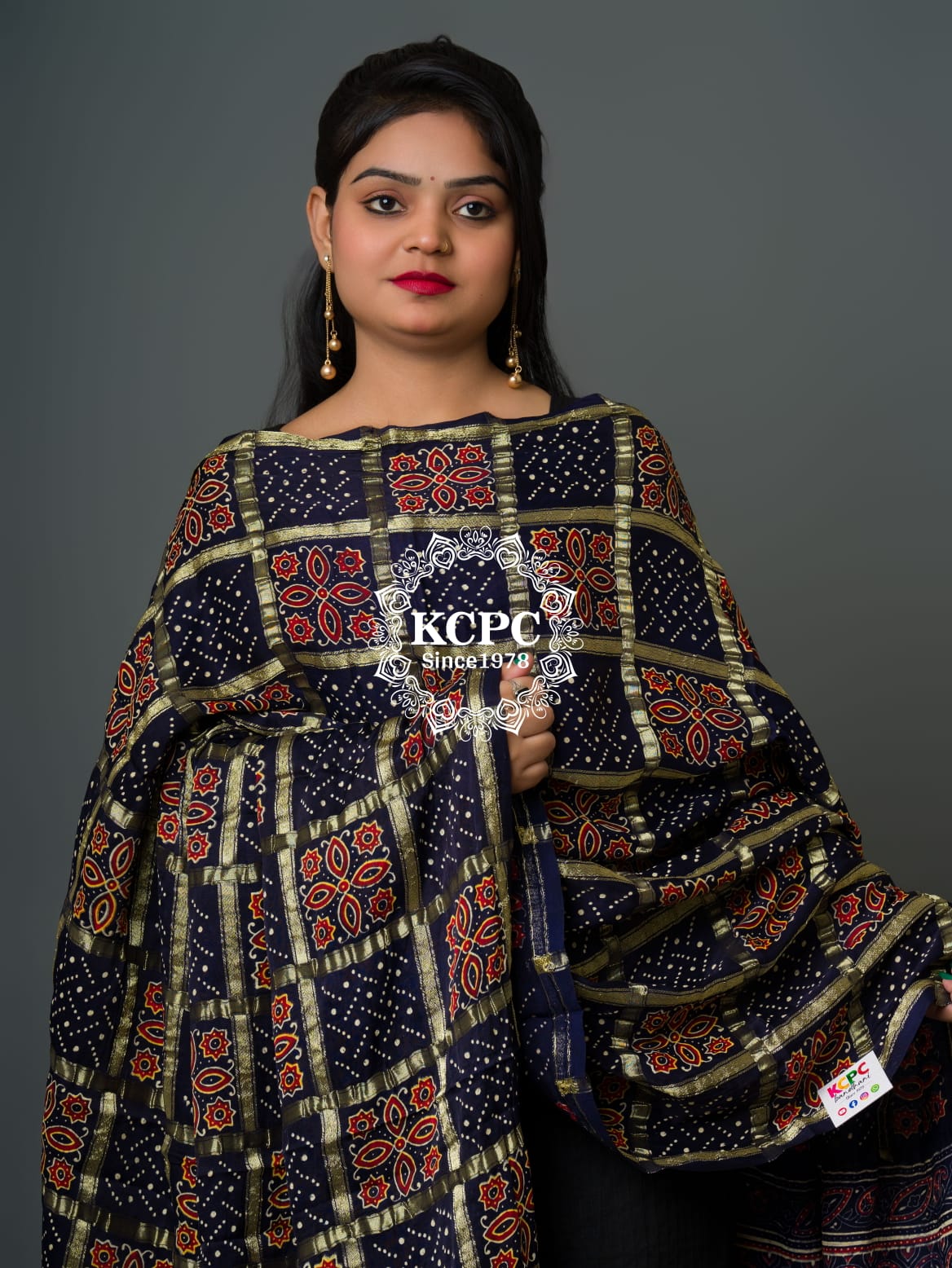 KcPc Pure Modal Gaji Silk Original Ajrakh Hand print Banarasi Dupatta Navy Blue