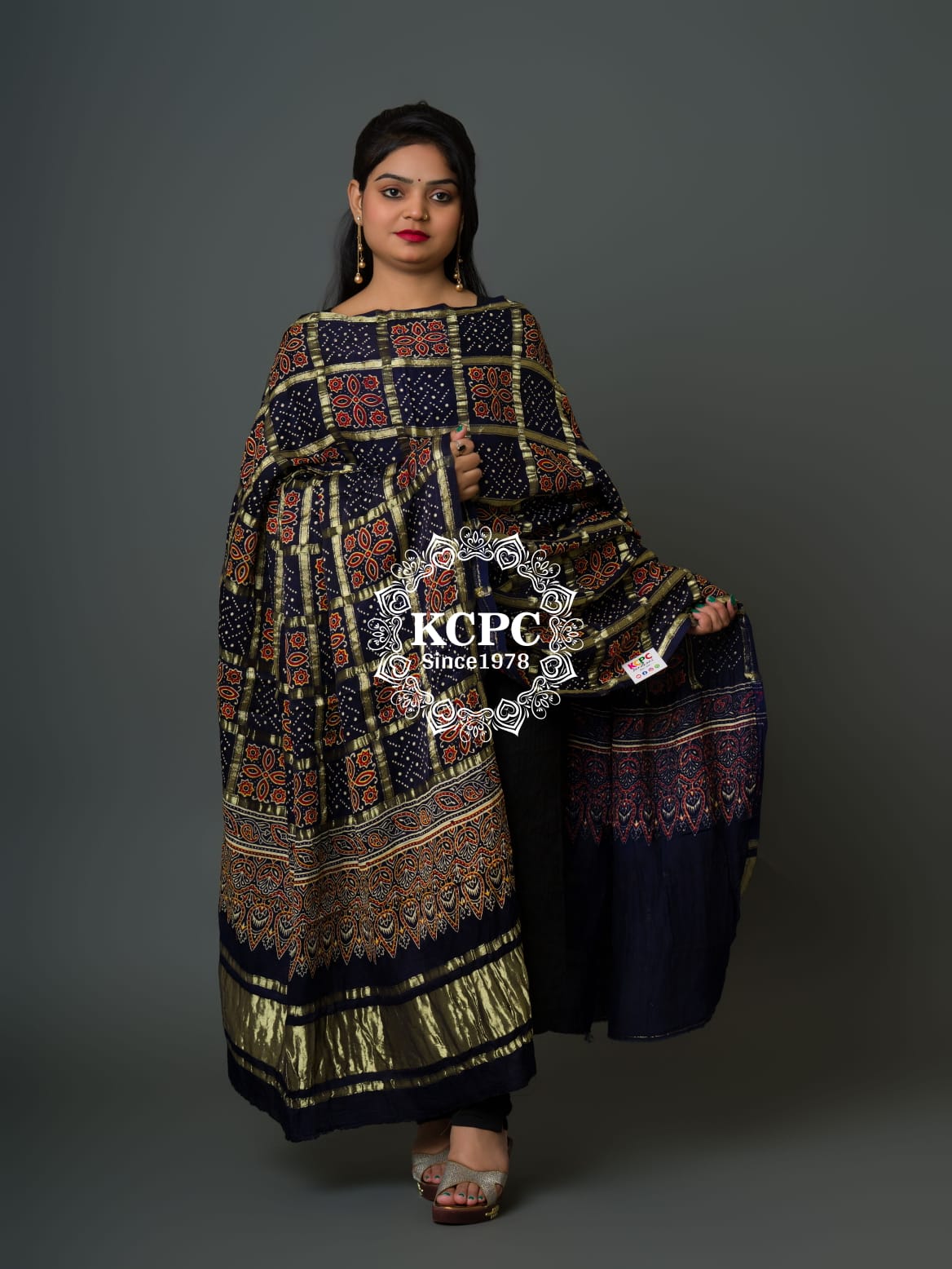 KcPc Pure Modal Gaji Silk Original Ajrakh Hand print Banarasi Dupatta Navy Blue