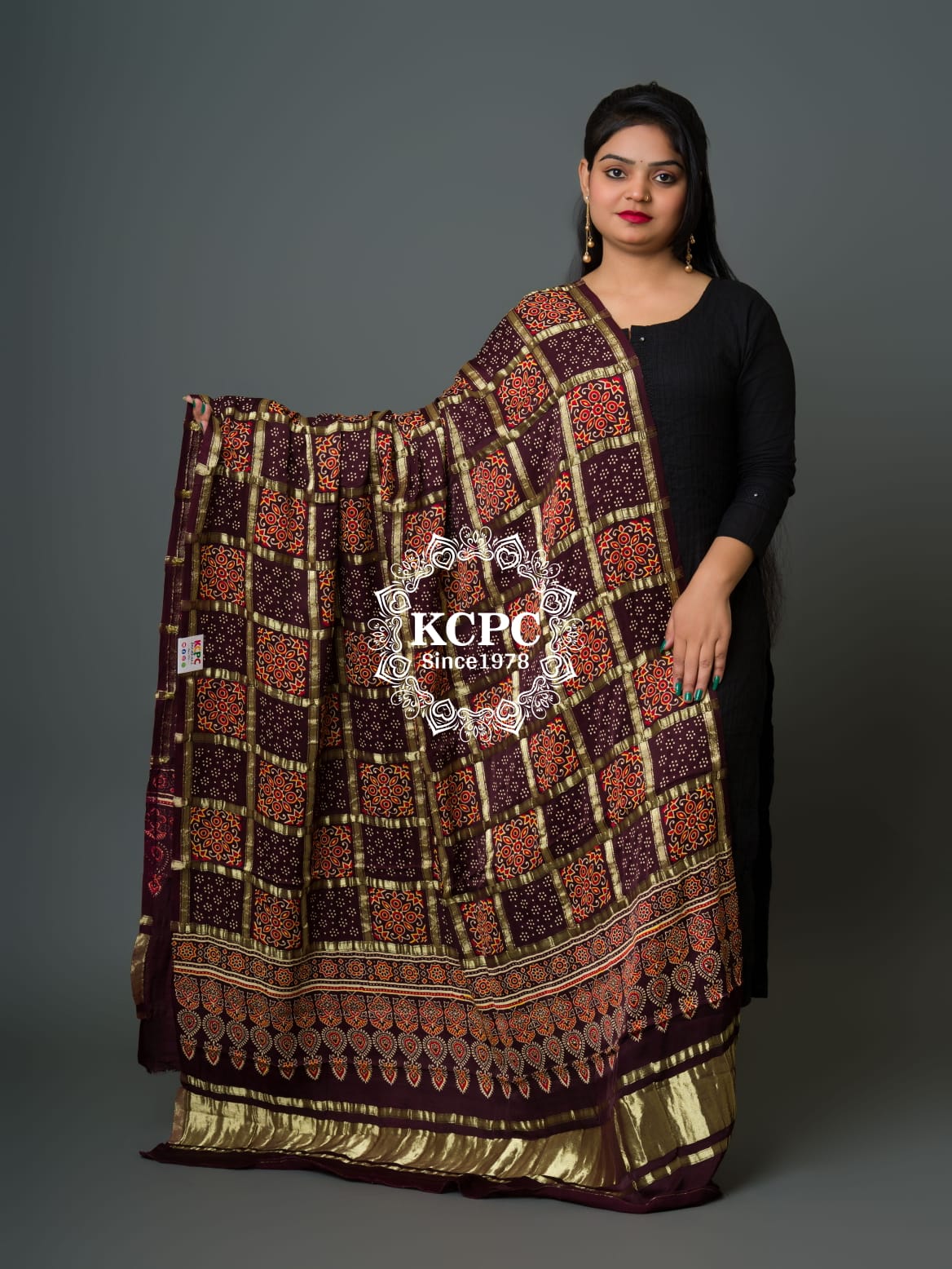 KcPc Pure Modal Gaji Silk Original Ajrakh Handprint Banarasi Dupatta Wine