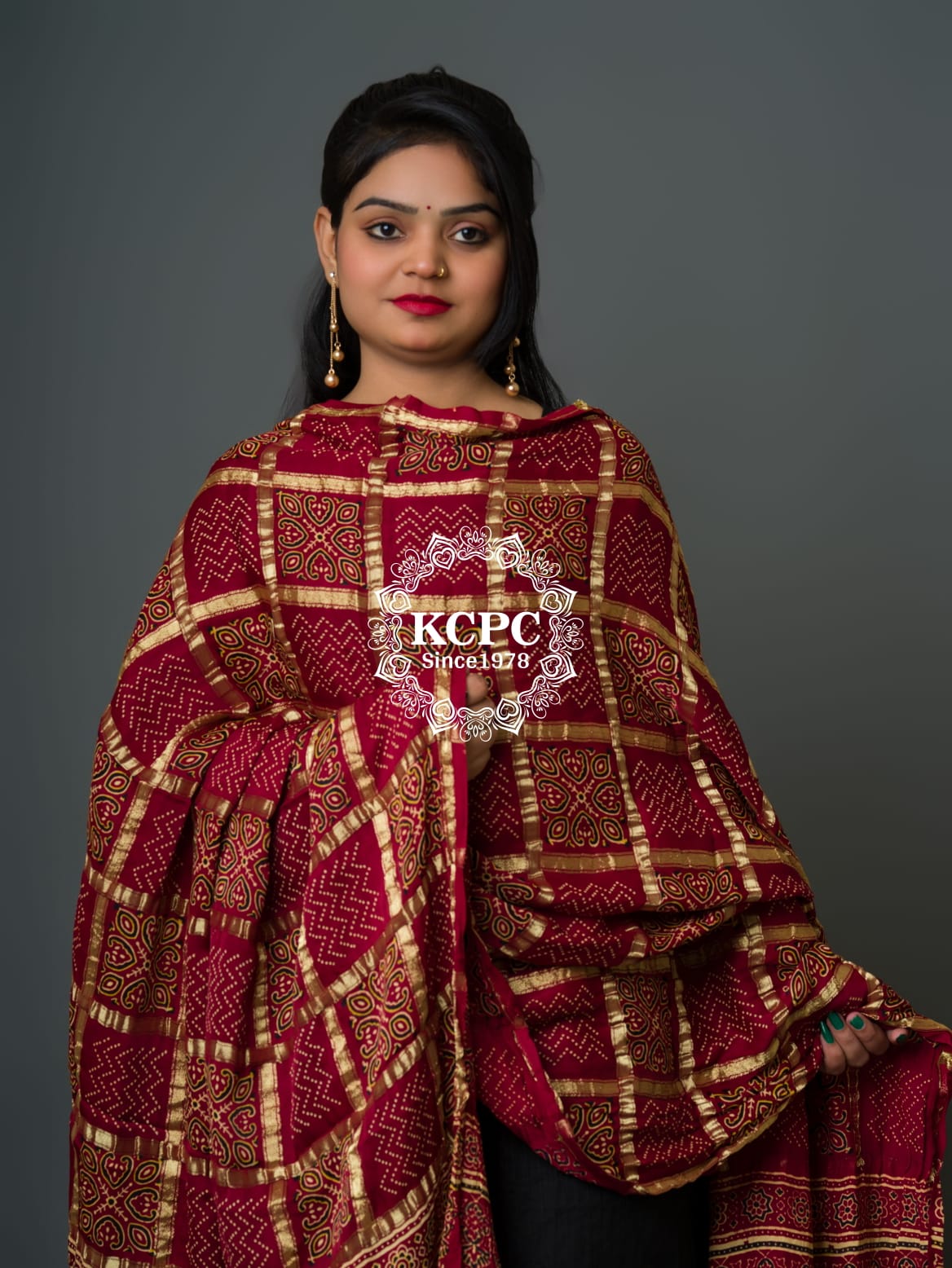 KcPc Pure Modal Gaji Silk Original Ajrakh Hand print Banarasi Dupatta Mehroon