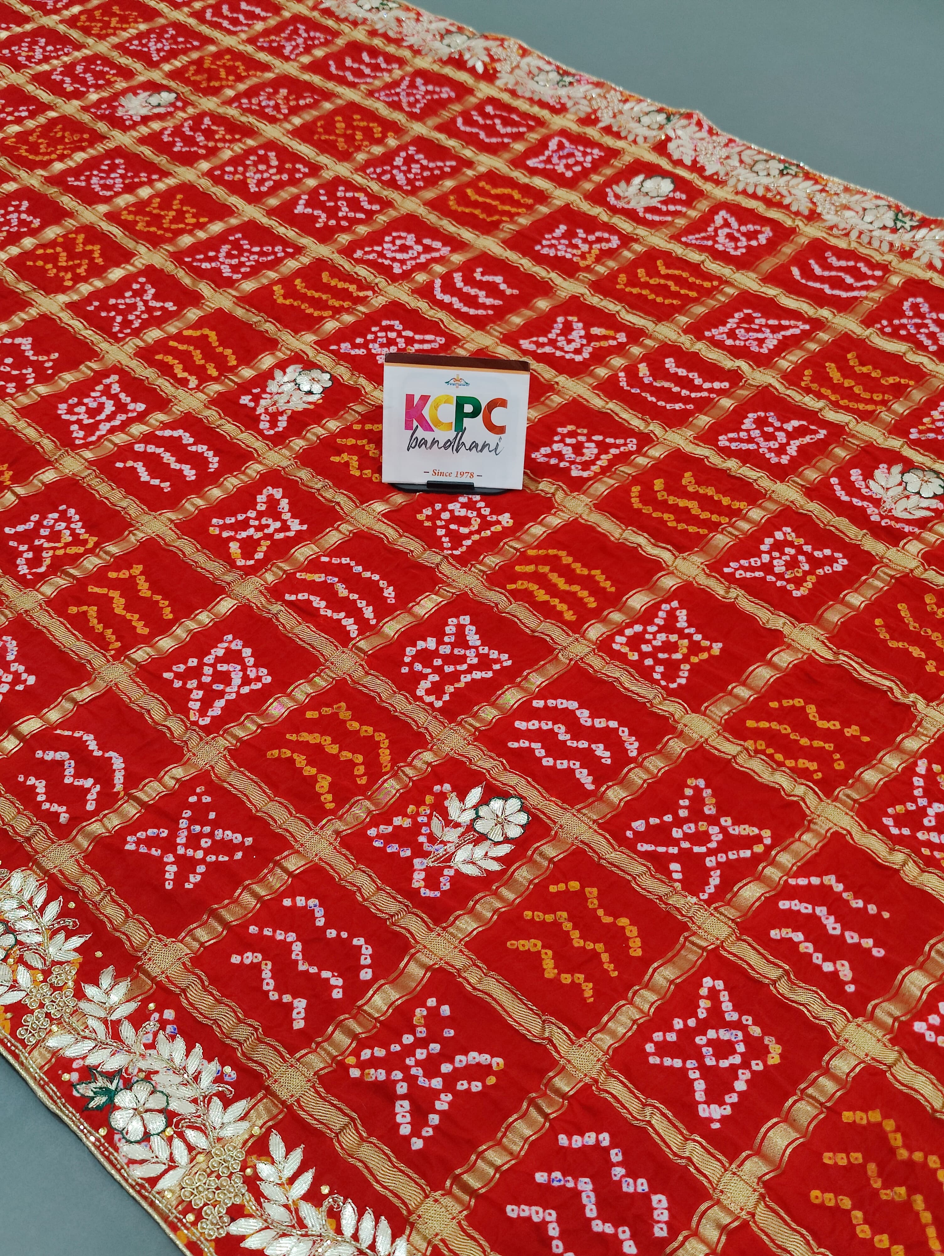 KcPc Designer Pure Gaji Silk Banarasi Bandhani Ghatchola Gotapatti Work Dupatta Red