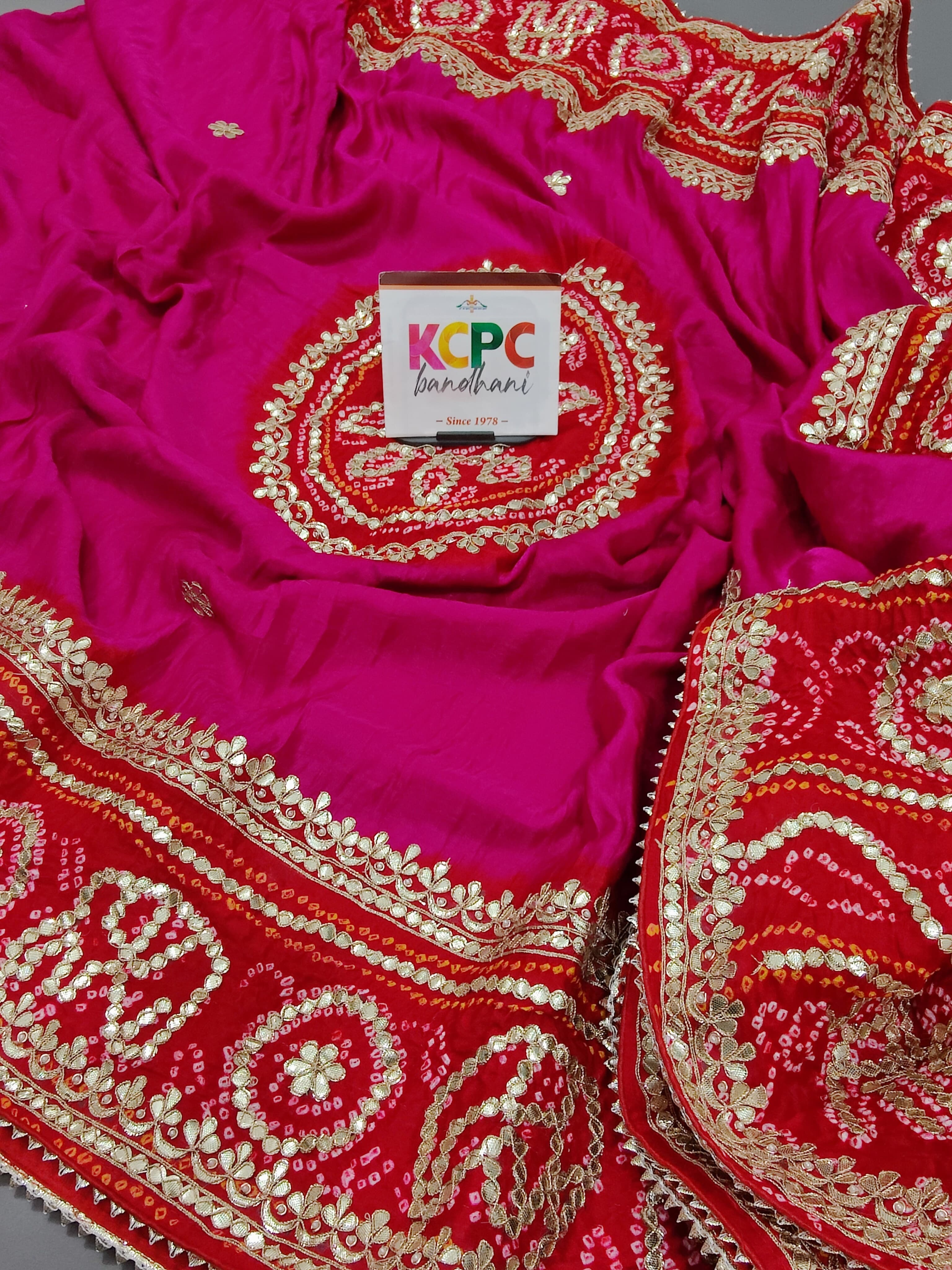 Jaipuri Bandhani styel saree in rani colour