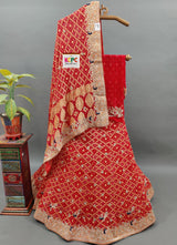 A red and multicolor traditional lehenga