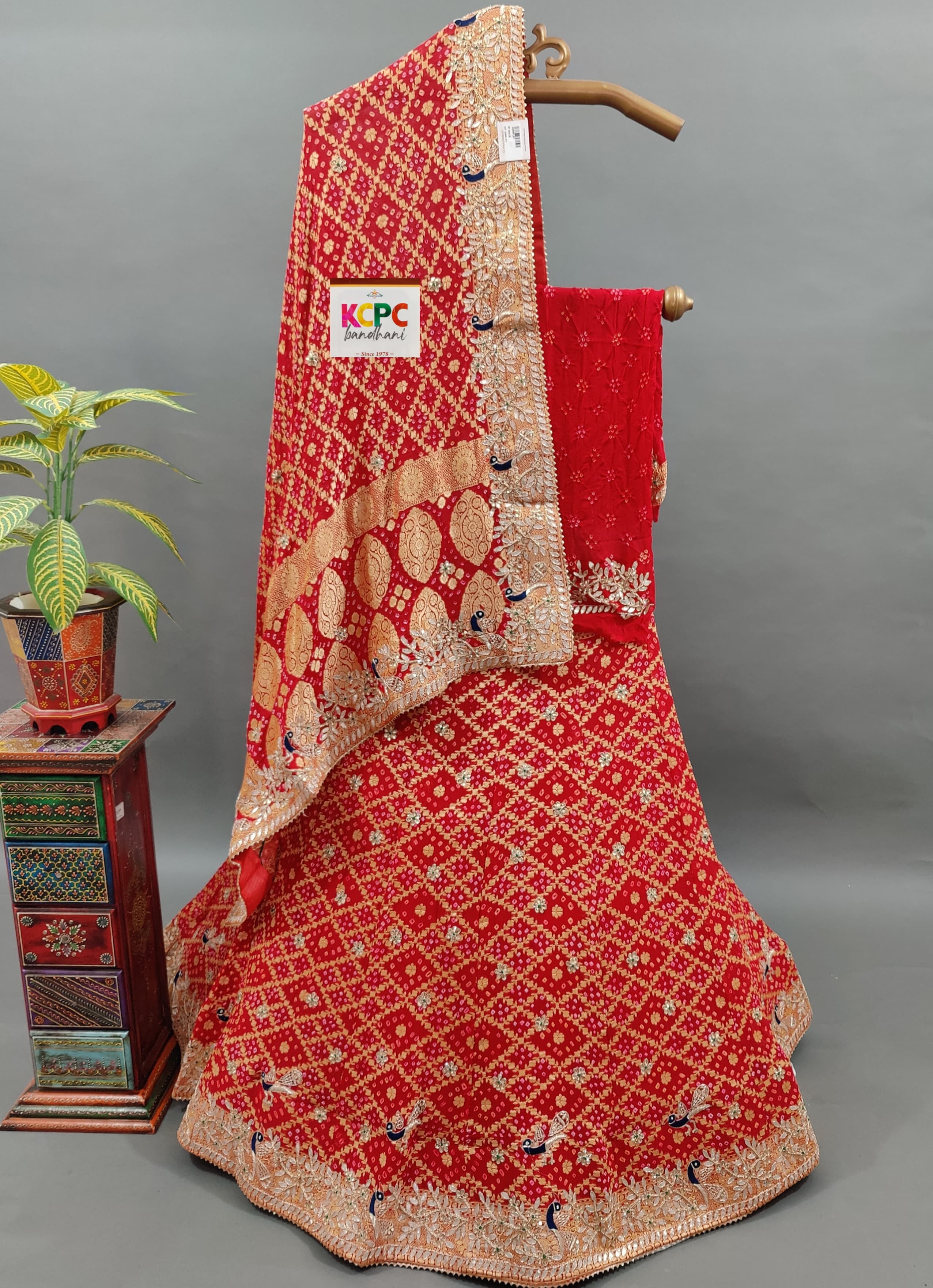 A red and multicolor traditional lehenga