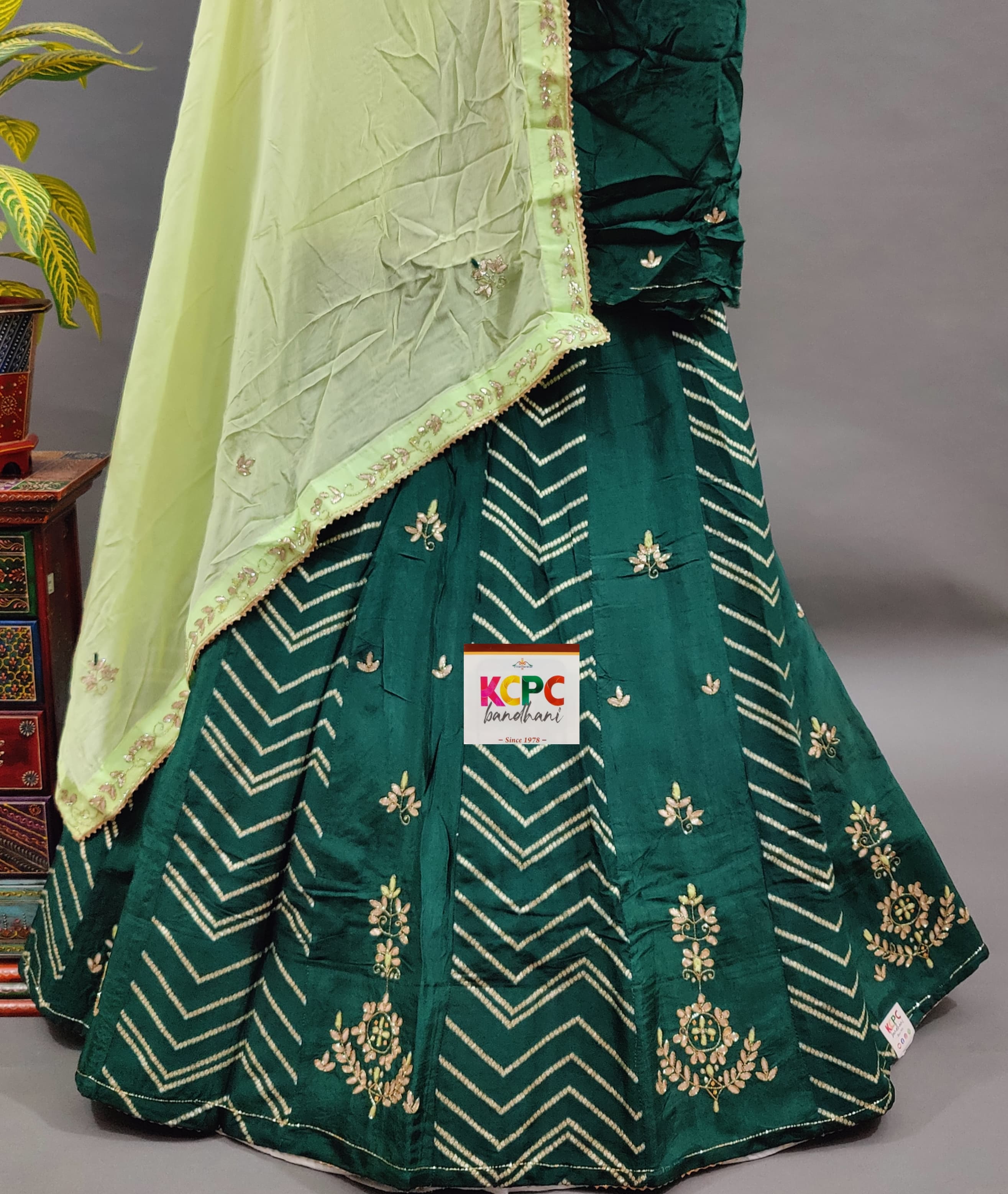 Dola silk Gotapatti katdana Handwork Lehanga in green colour