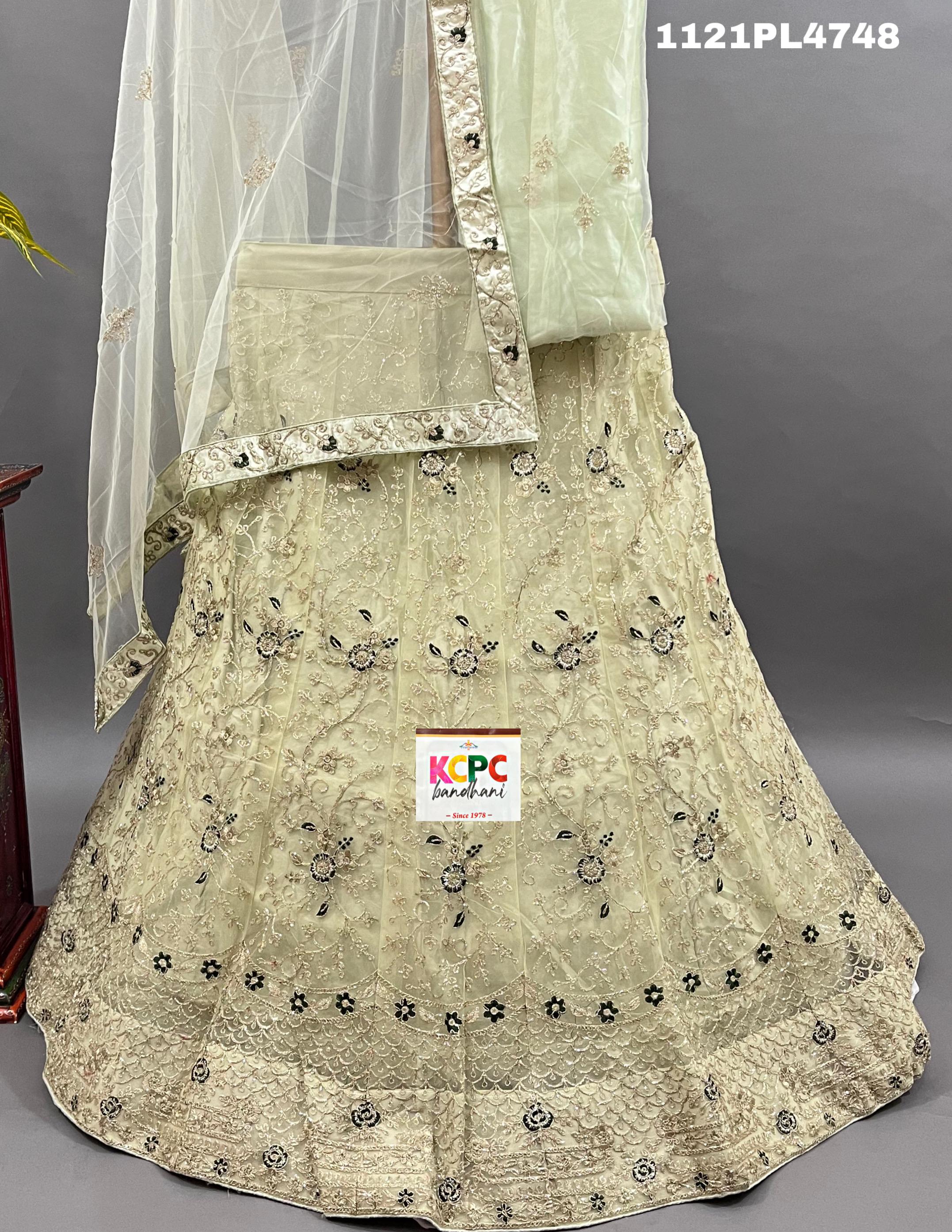 A traditional Indian lehenga set with embroidery and sequins work