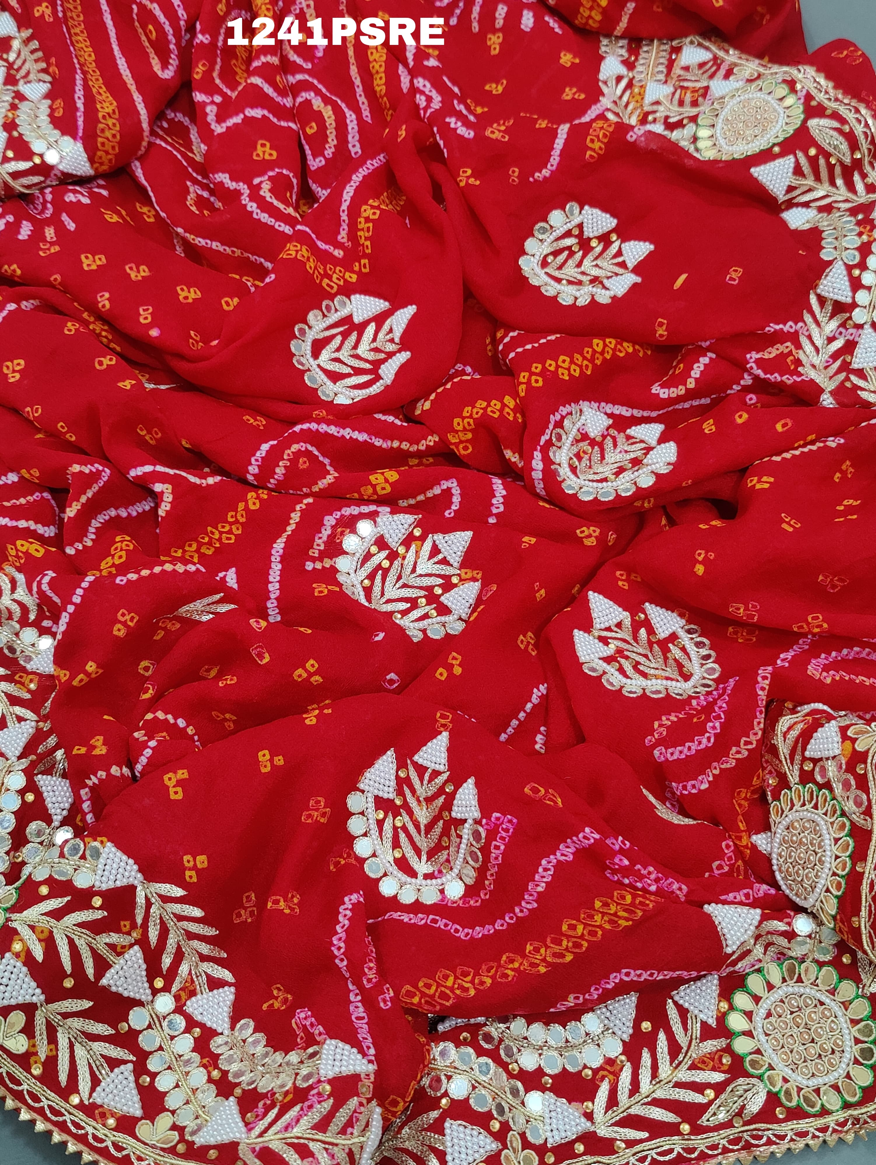 Ojariya Cutdana Mirror Handwork Bandhani Saree