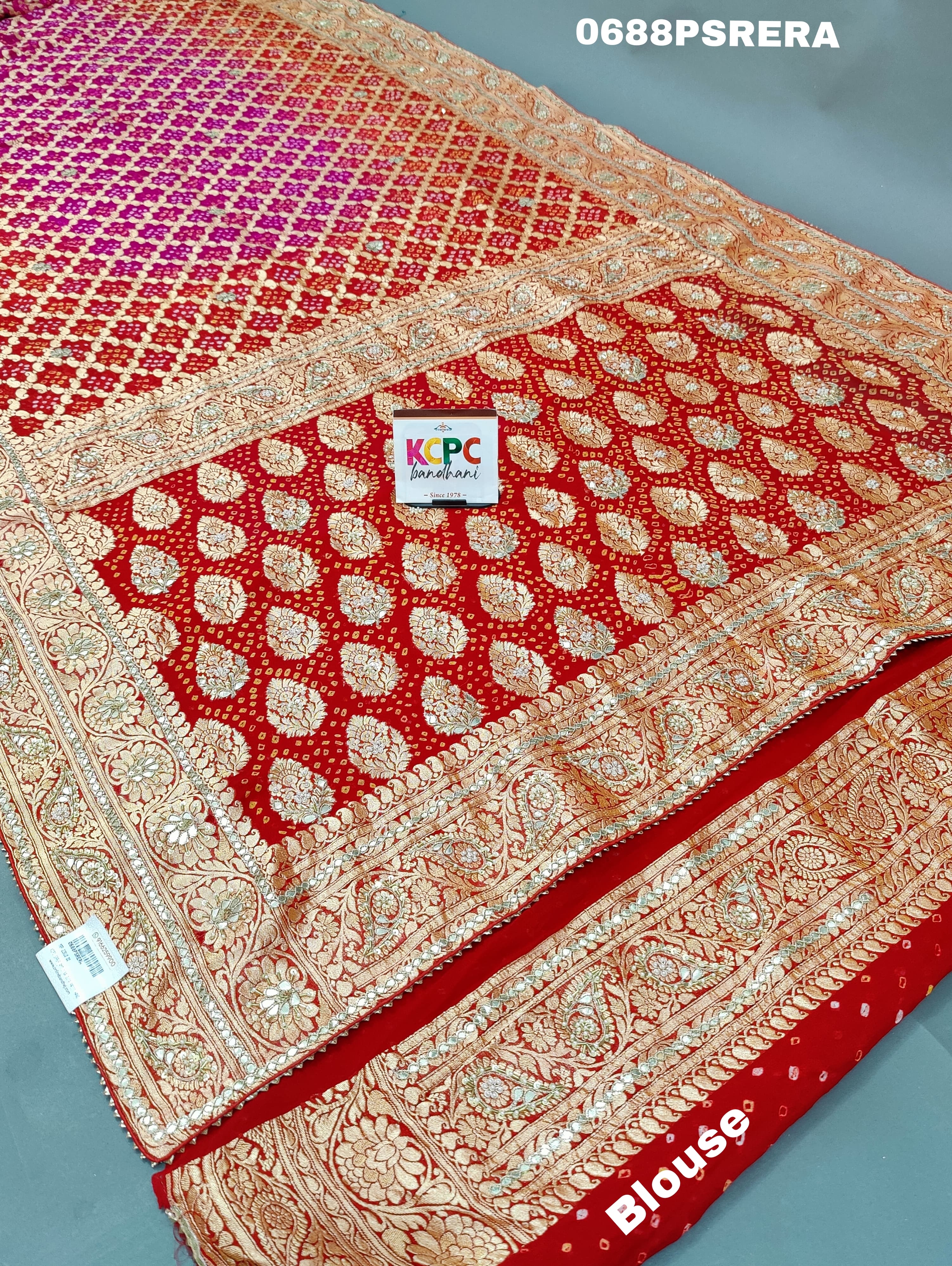 KcPc Beautiful Pure khadi Georgette cutdana Gota patti Handwork Bandhani saree AMT