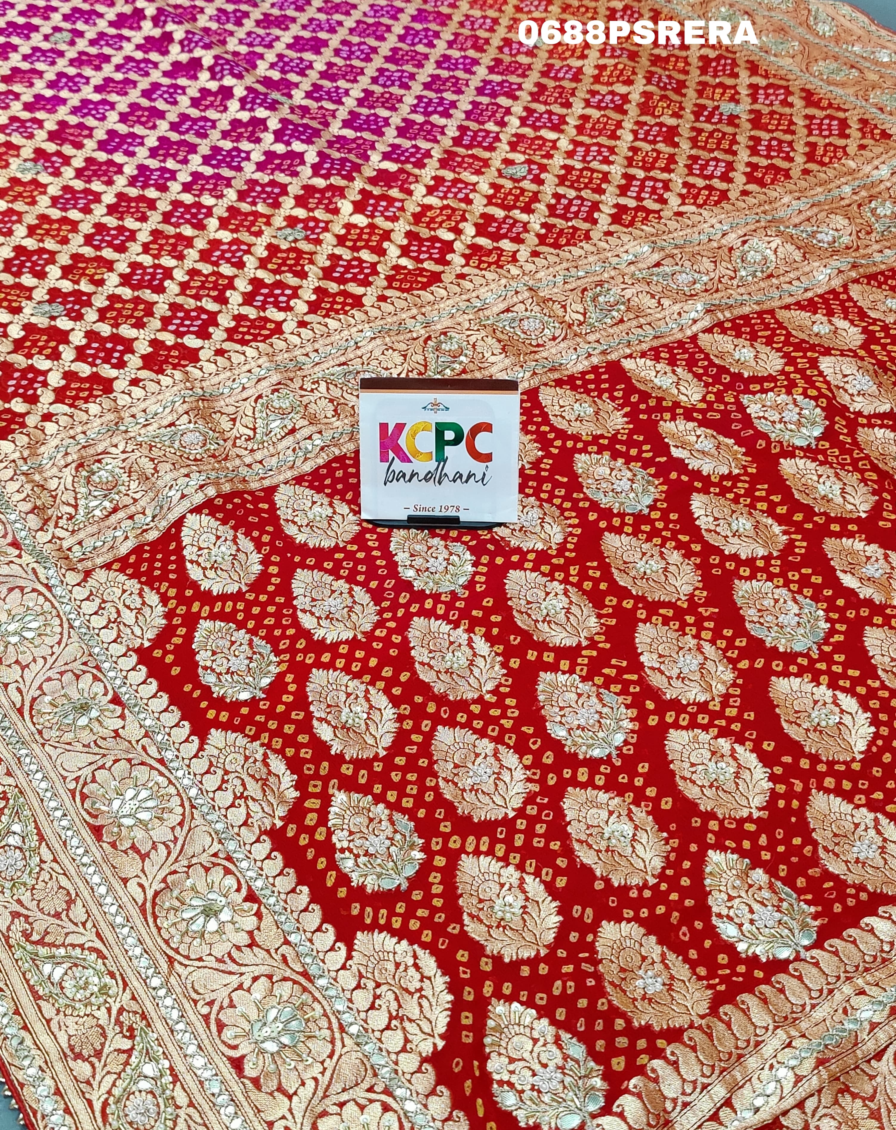 KcPc Beautiful Pure khadi Georgette cutdana Gota patti Handwork Bandhani saree AMT