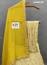 A yellow lehenga with gota work and zardoji