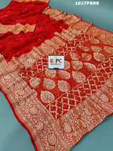 A red khaddi georgette saree with banarasi zari