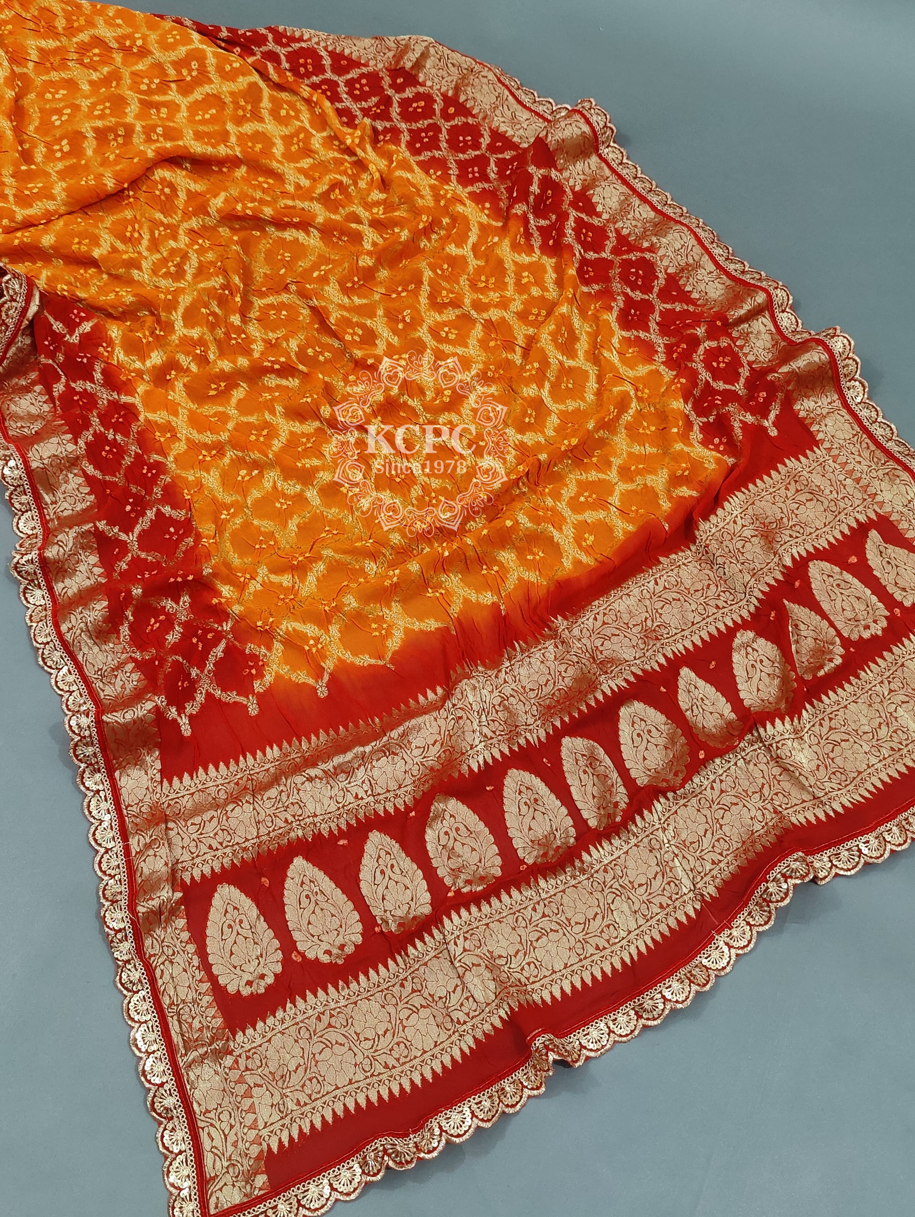KcPc New Pure Georgette Bandhani Banarsi Weaving Cut Work Border Dupatta