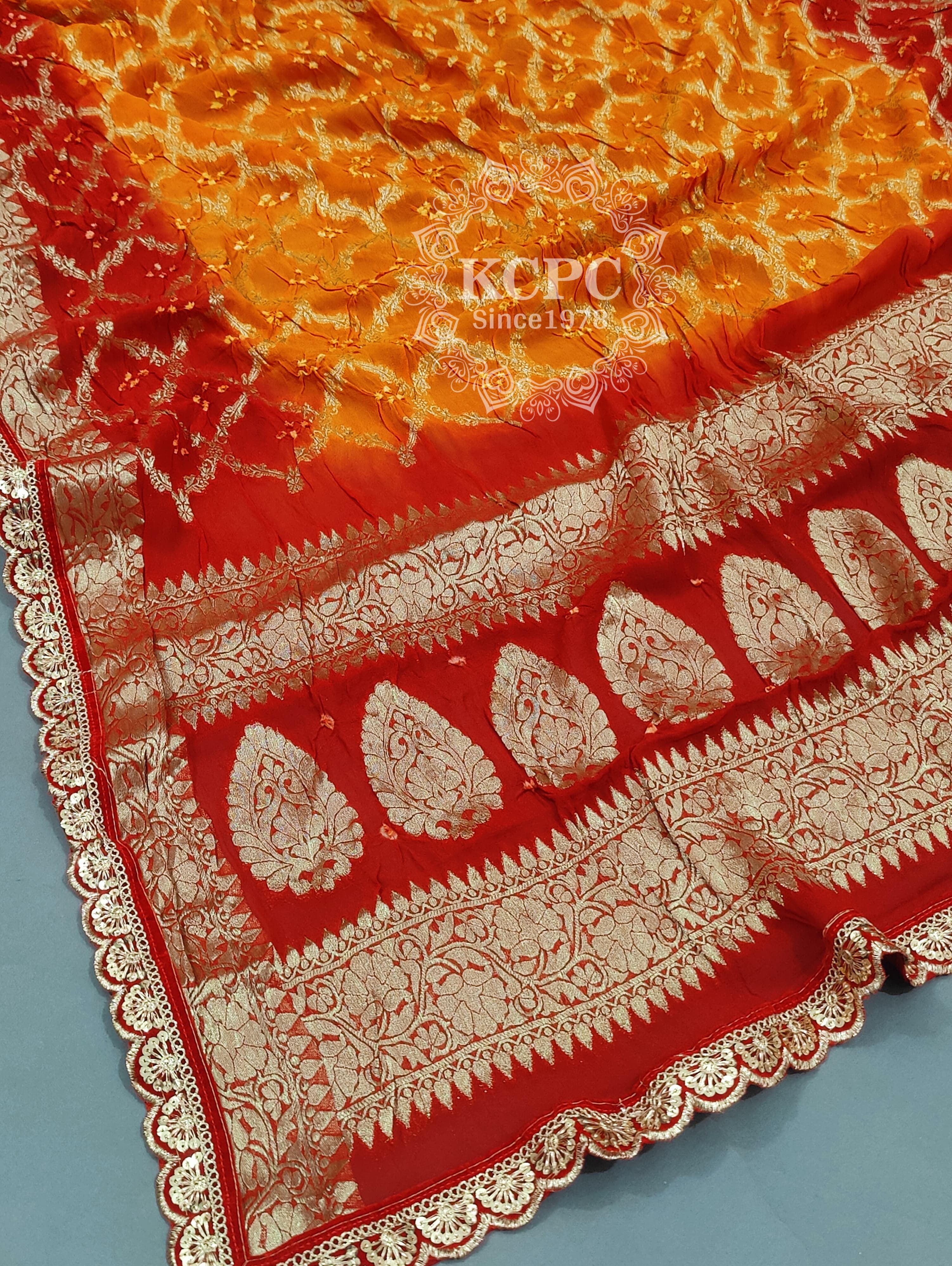 KcPc New Pure Georgette Bandhani Banarsi Weaving Cut Work Border Dupatta