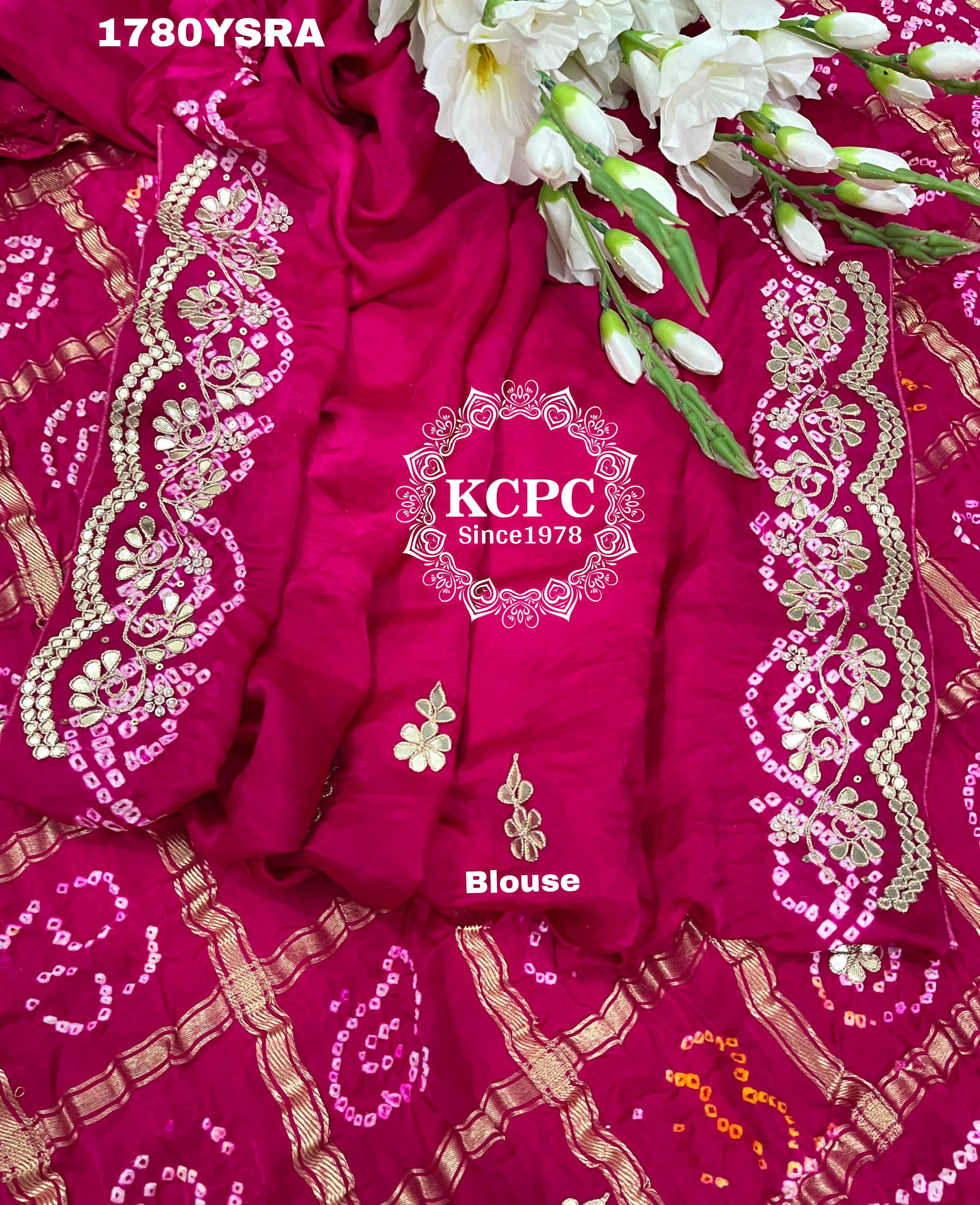 A pink and red pure gaji silk saree with bandhani style
