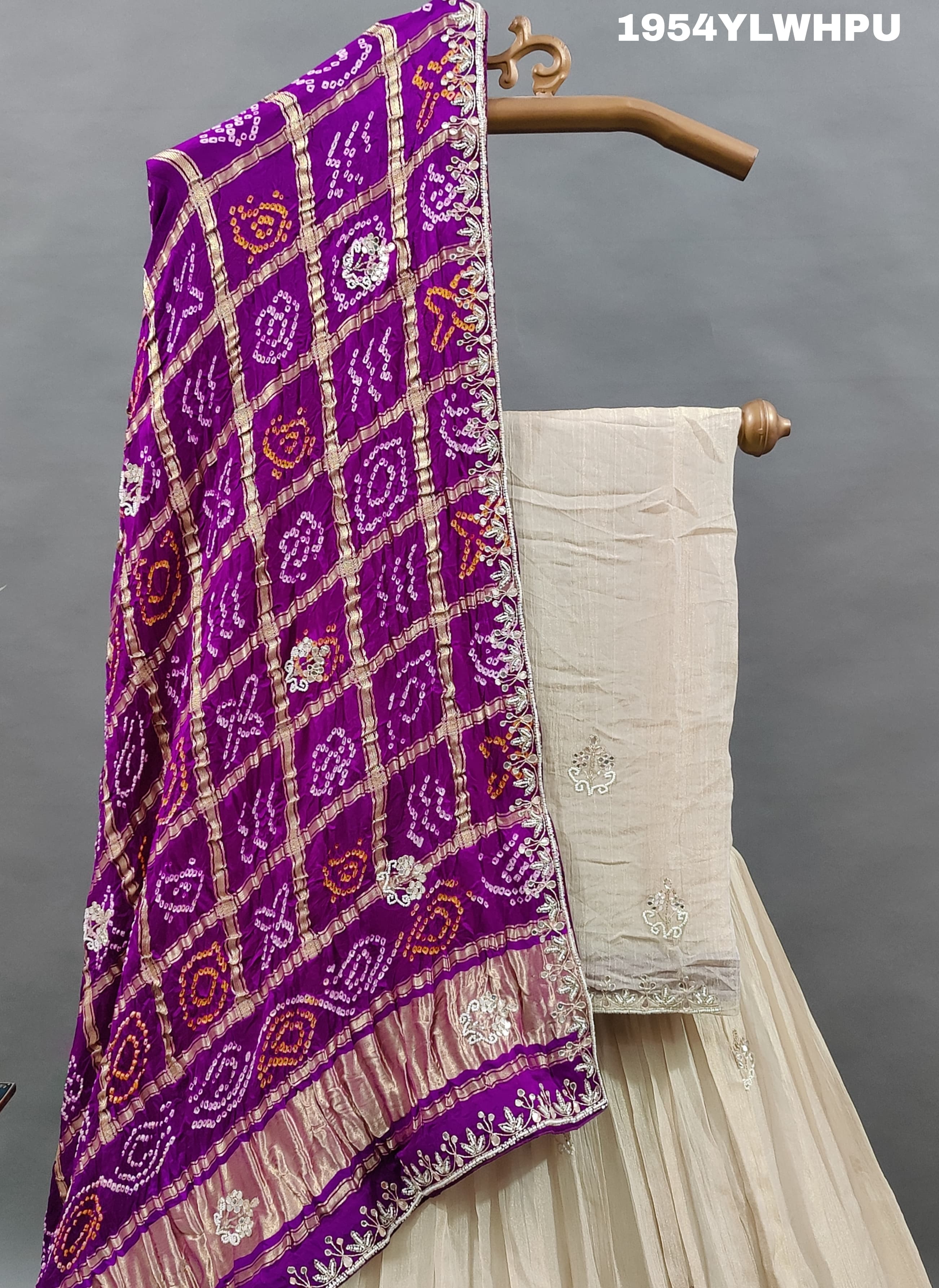 A pure Upada silk lehenga with a Gaji silk Bandhani dupatta set
