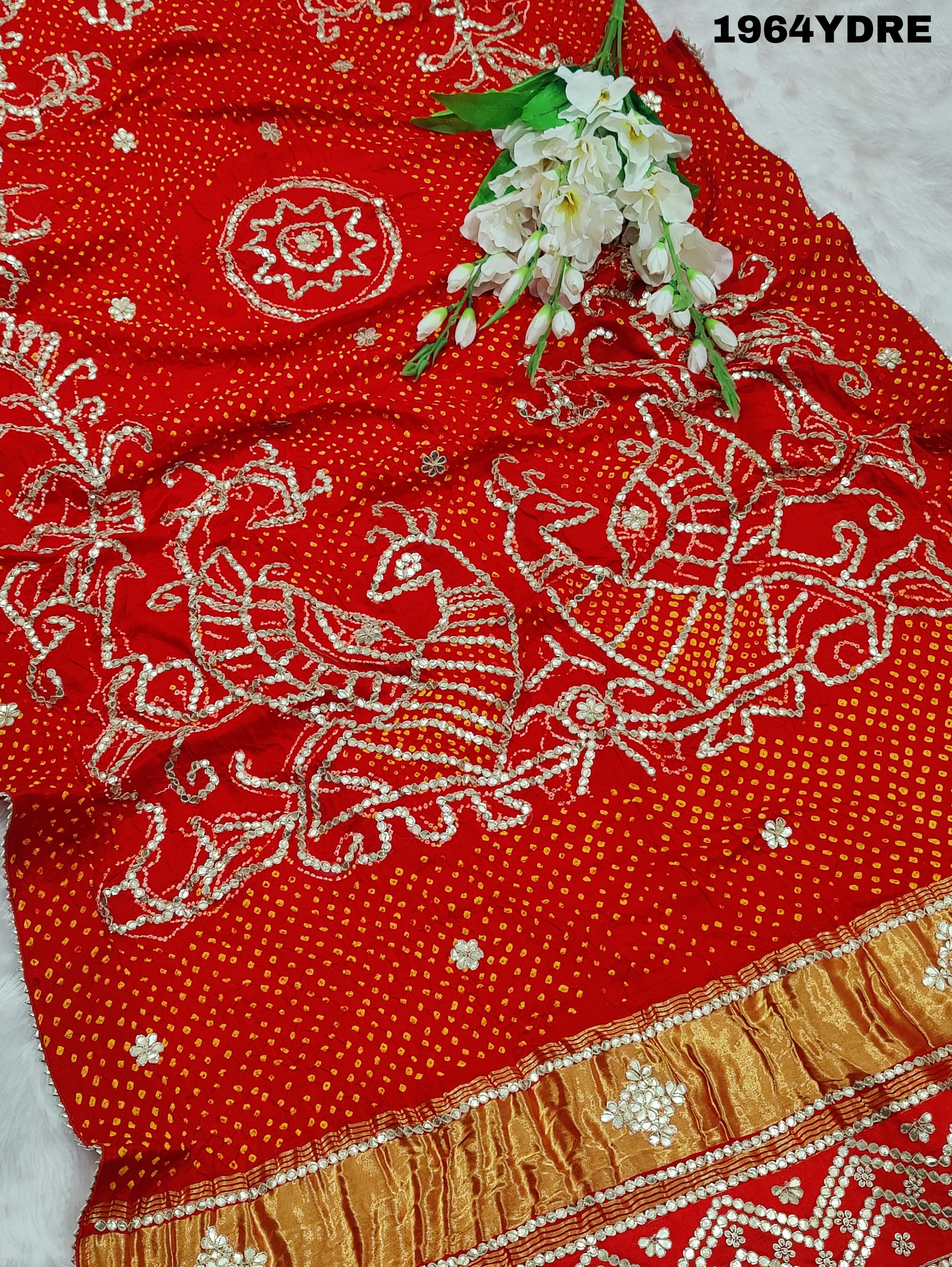 A red Gaji silk dupatta with bandhani style