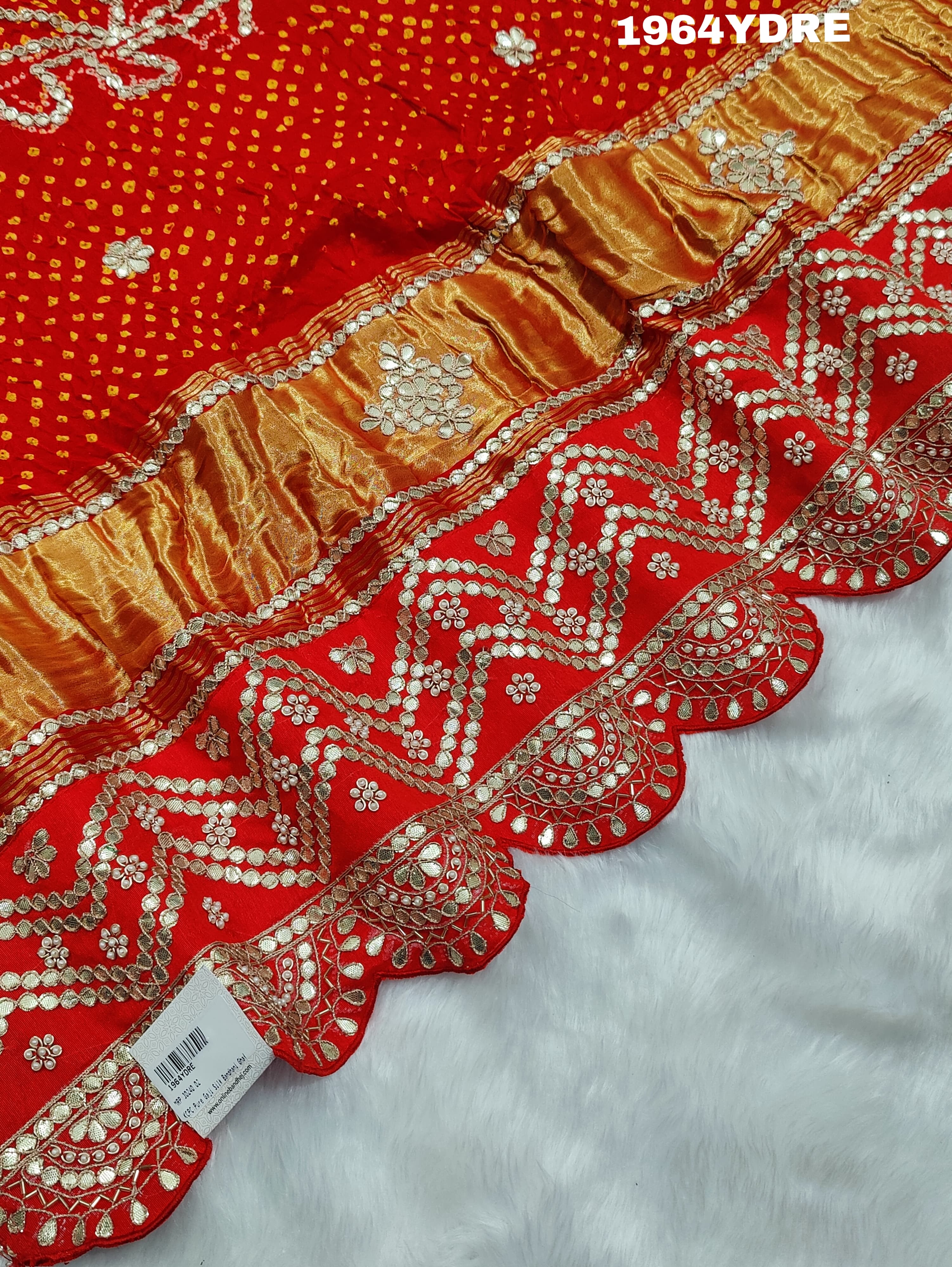 A red Gaji silk dupatta with bandhani style