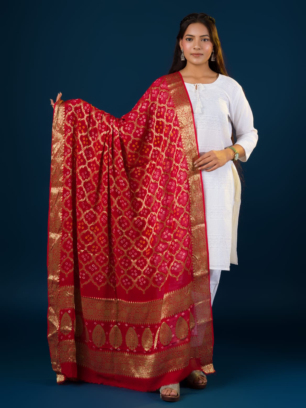 KcPc New Georgette Bandhani Zari Print Dupatta