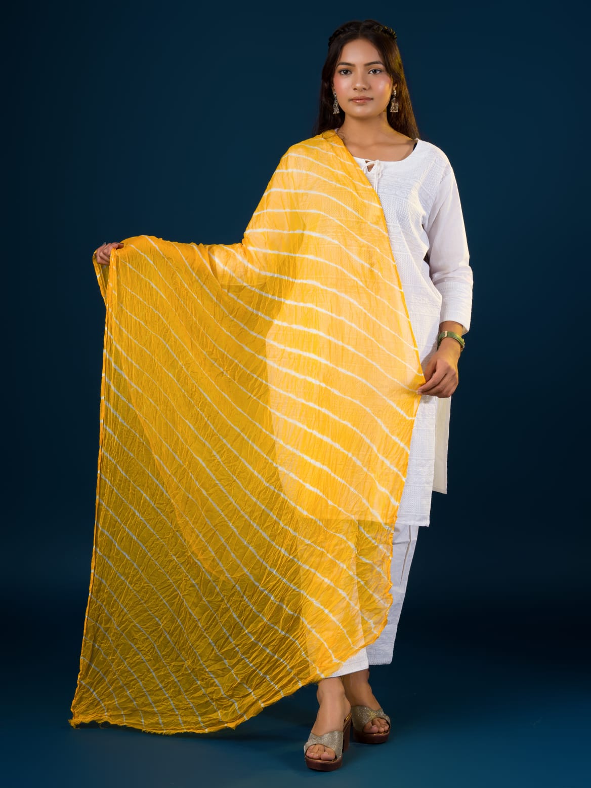 KcPc Originals Handmade Chiffon Leheriya DupattasYellow