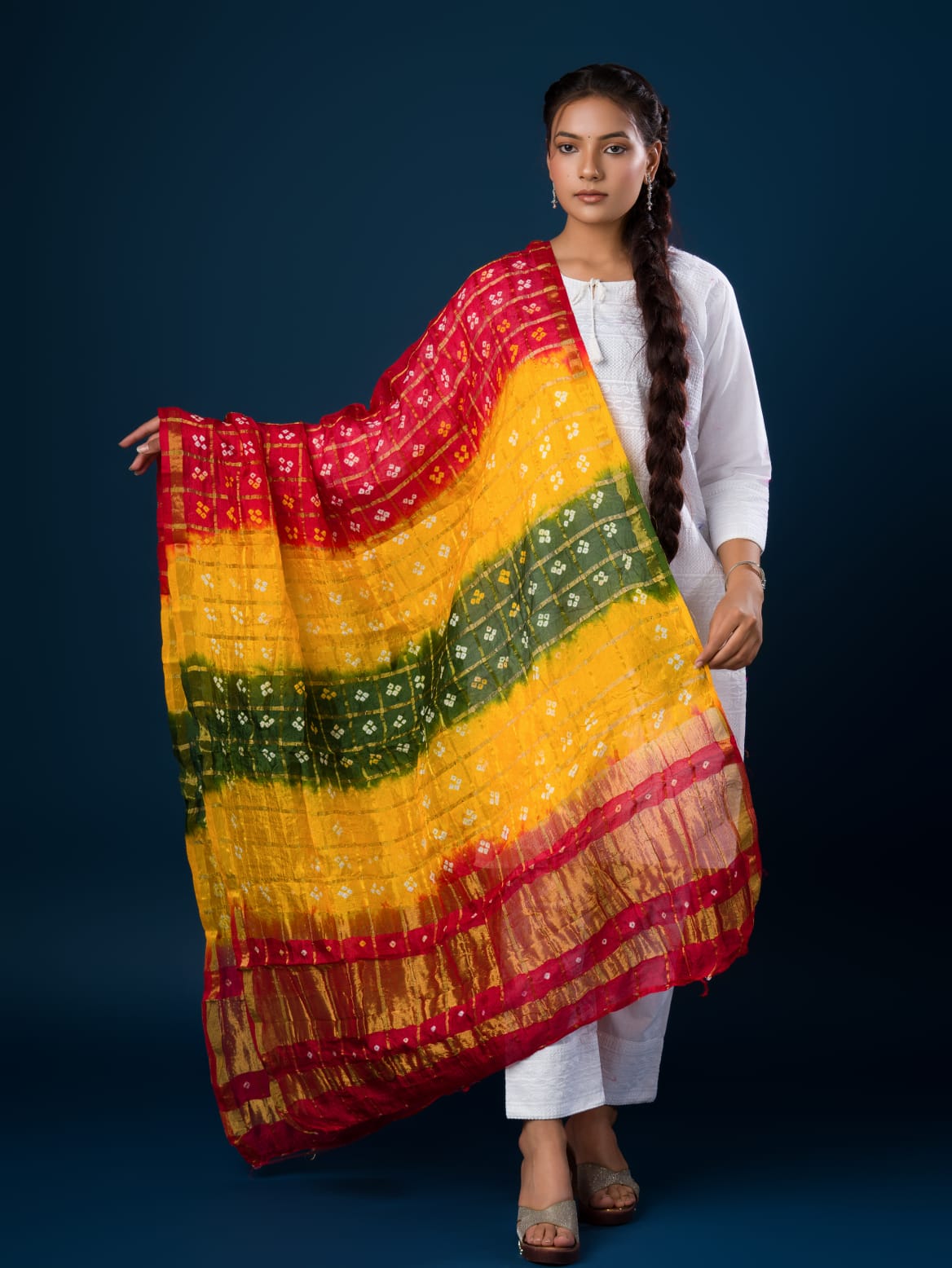 KcPc Ghatchola Bandhej silk DupattasYellow green