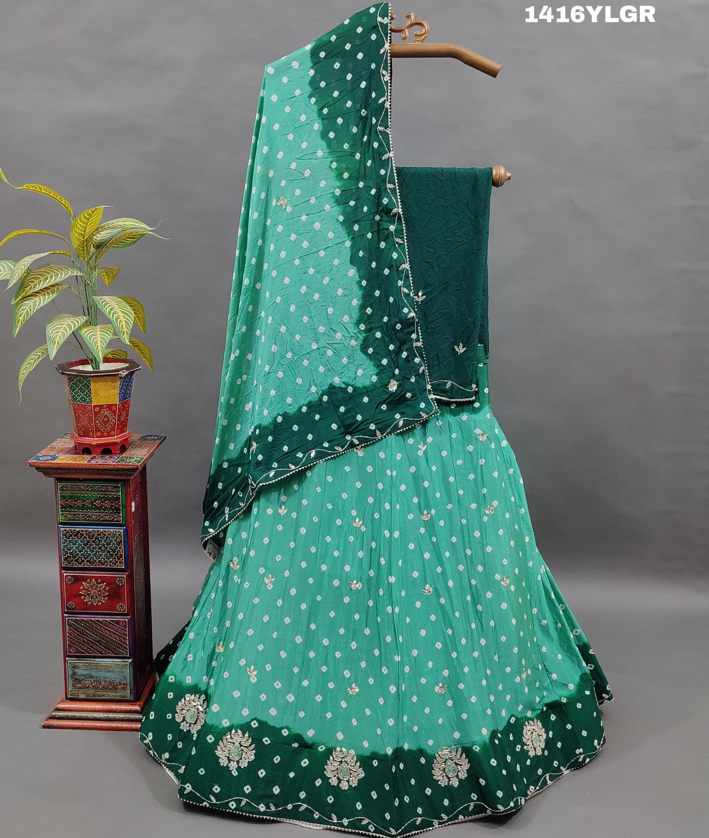 Bandhani Design Cutdana work Lehenga in green colour