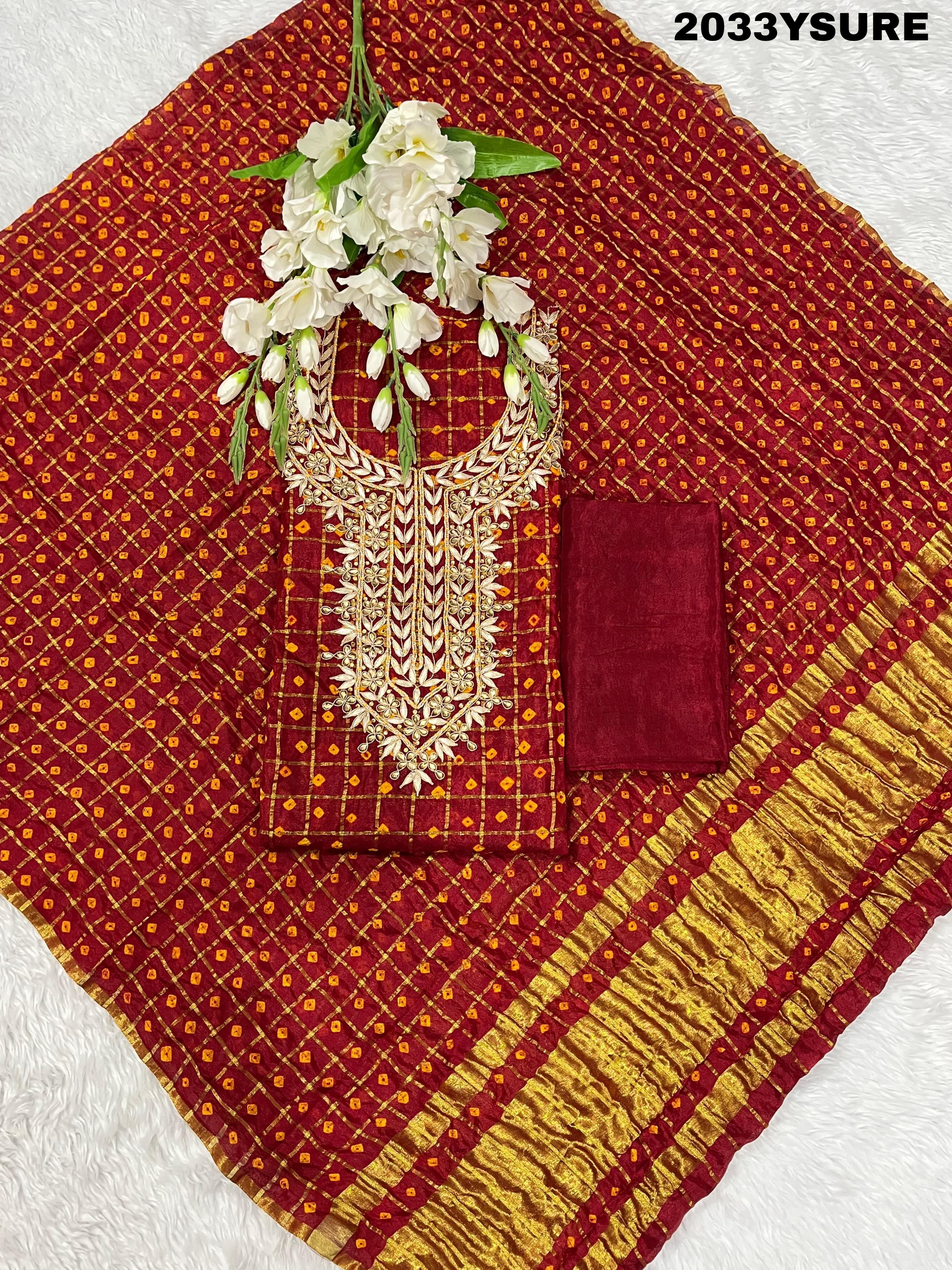 KcPc New Art Silk Bandhani Gharchola With Gota patti Stone Work Suit KML
