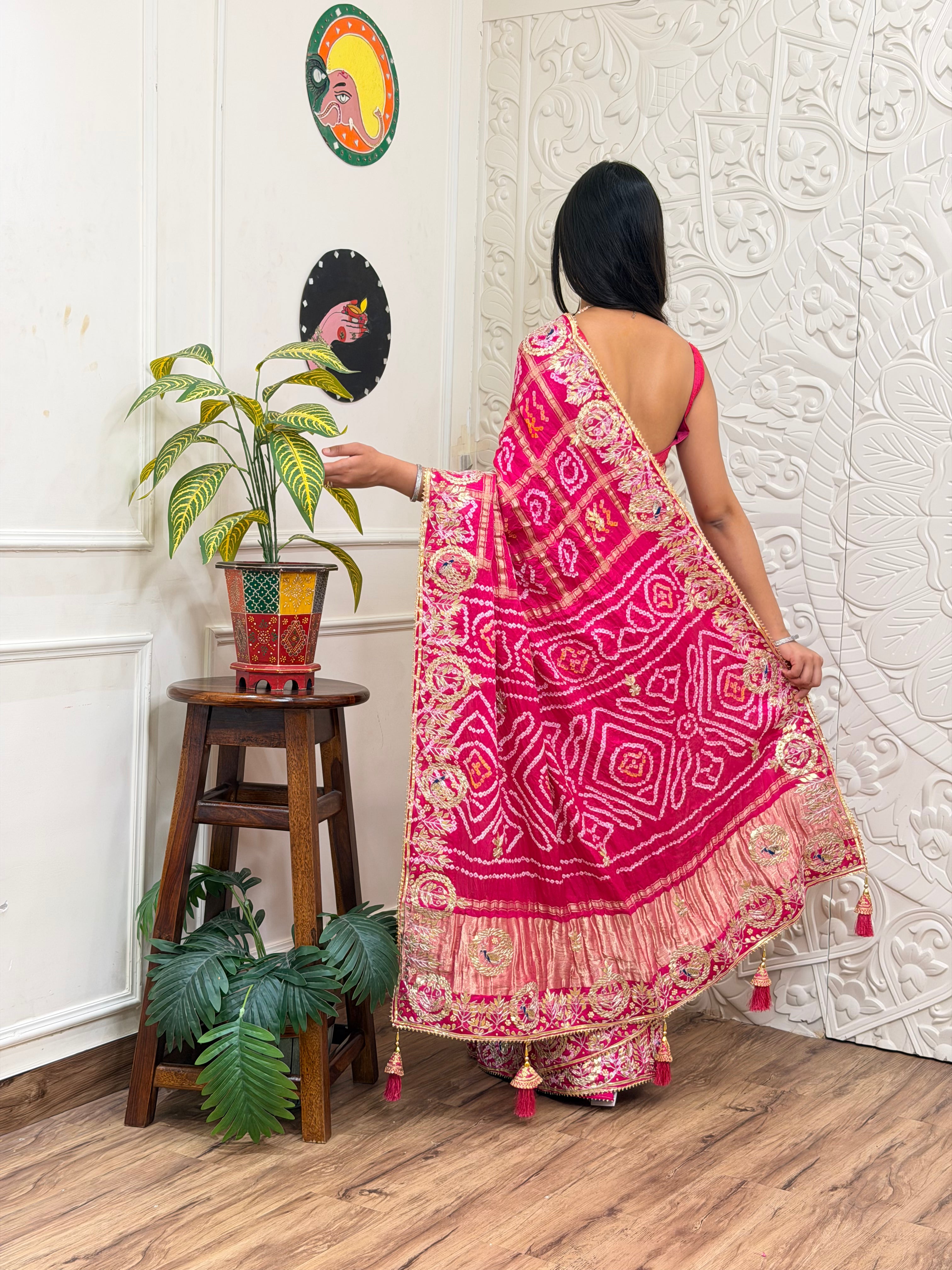 Buy New Latest Pure Gaji Silk Bandhani Ghatchola Gotapatti Saree