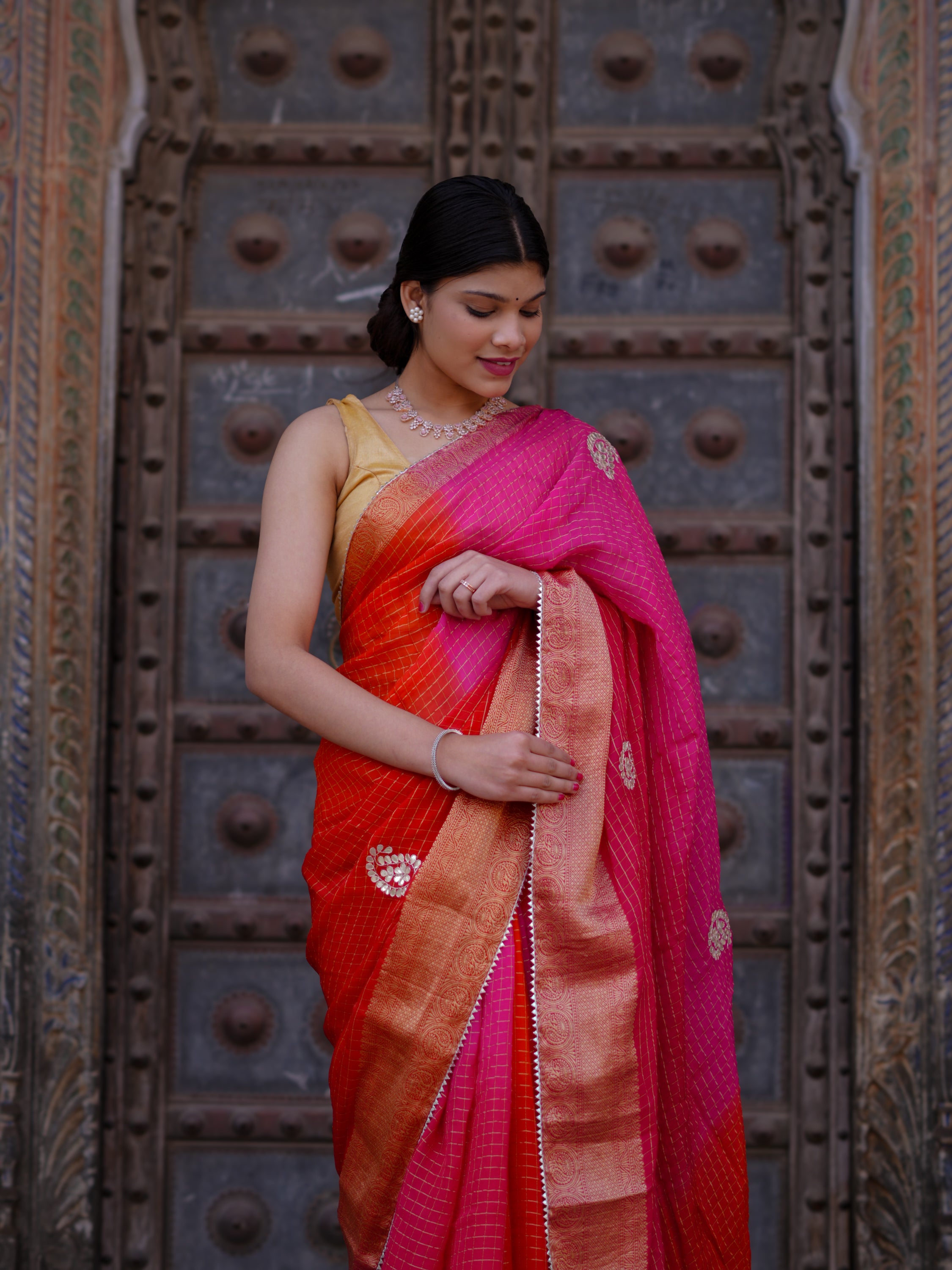 KcPc New Premium Georgette Saree in Banarasi Style with Gotapatti DetailingSatish