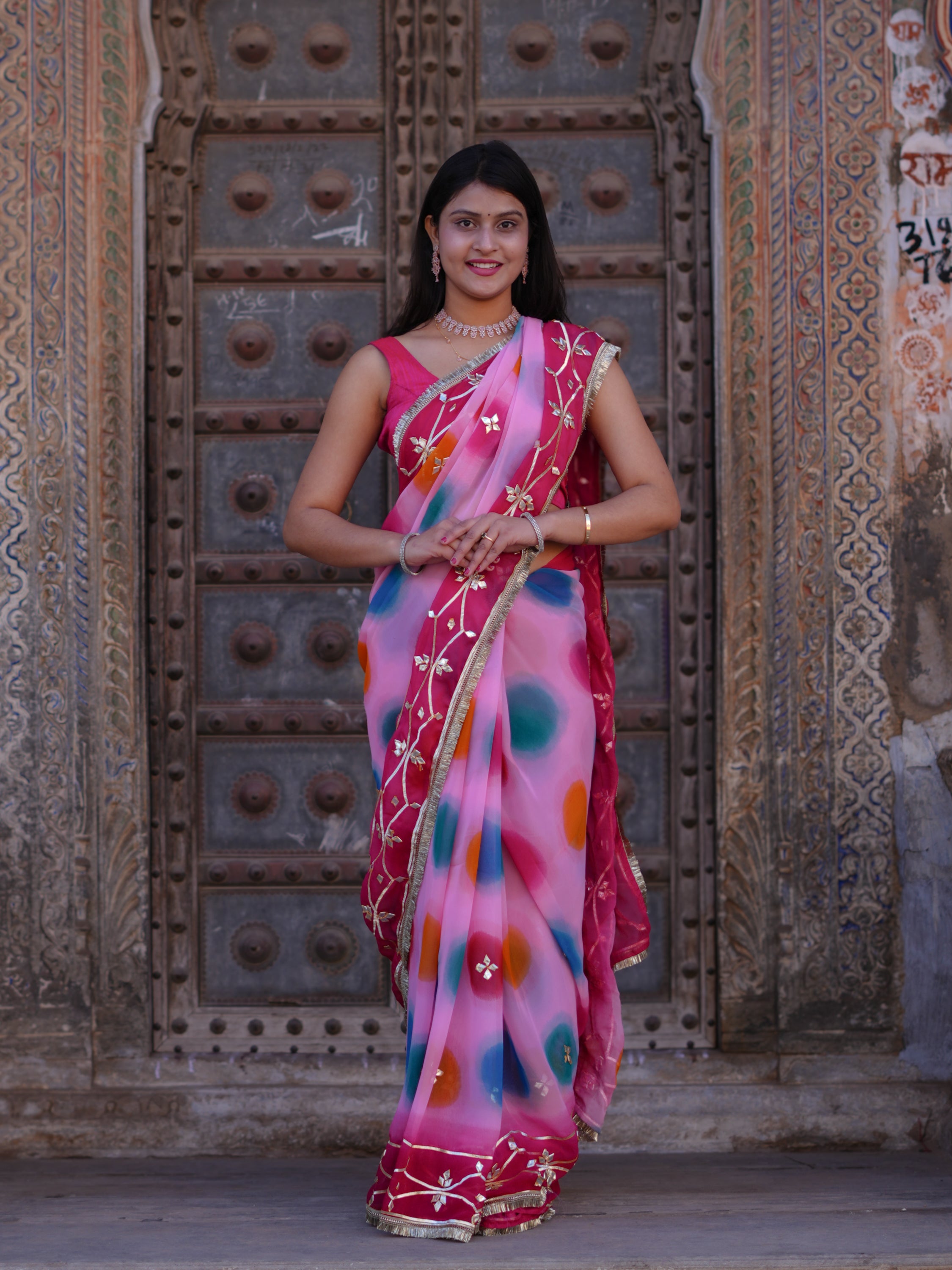 KcPc New Chiffon Traditional Saree with Beautiful Gotapatti Work MHS