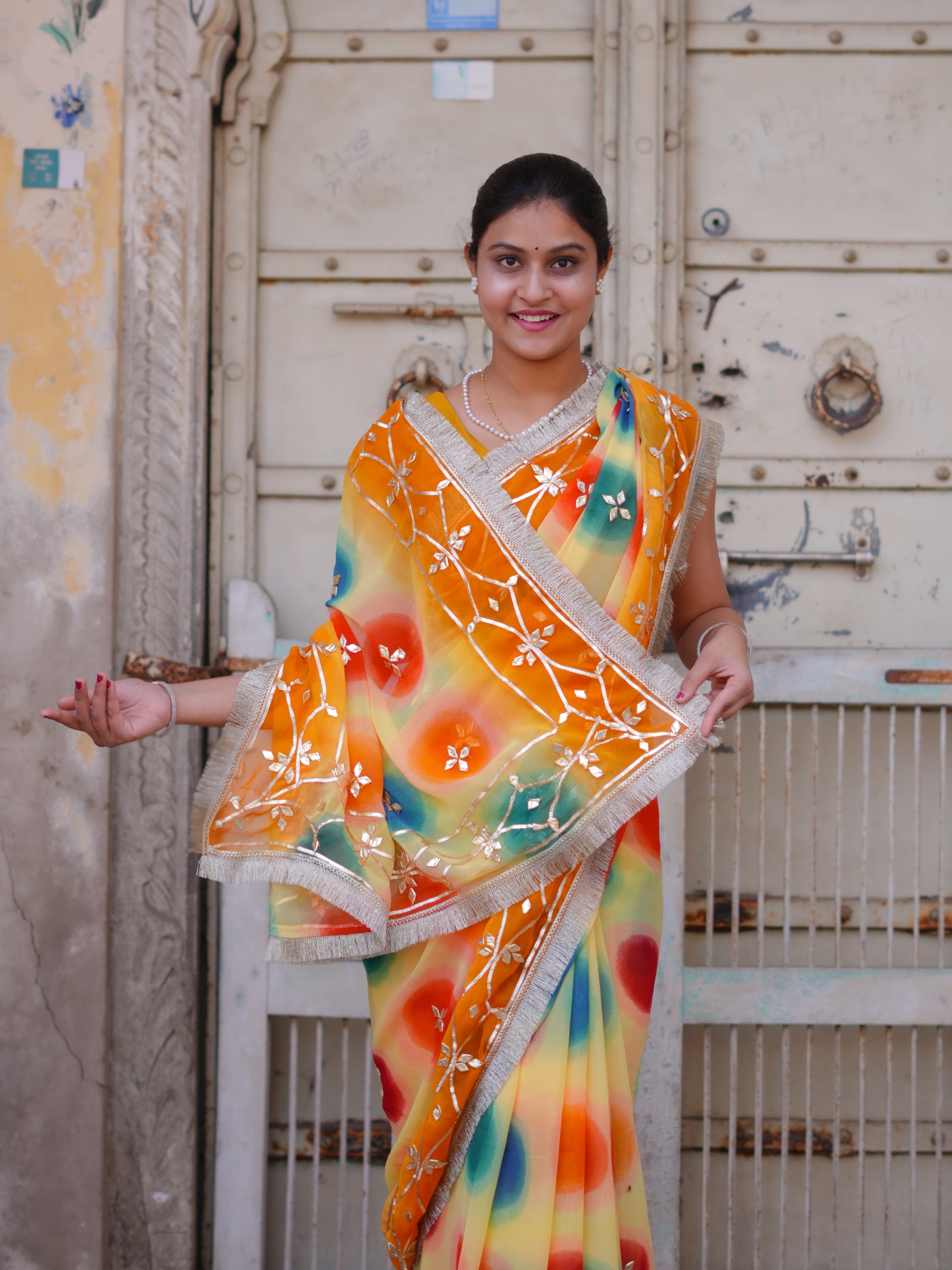 KcPc New Premium Chiffon Saree with Handcrafted Gotapatti Embellishment MHS