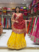 KcPc New Pure Gaji Silk Dupptta GotapattiMoti Foil Work Yellow Red BTU