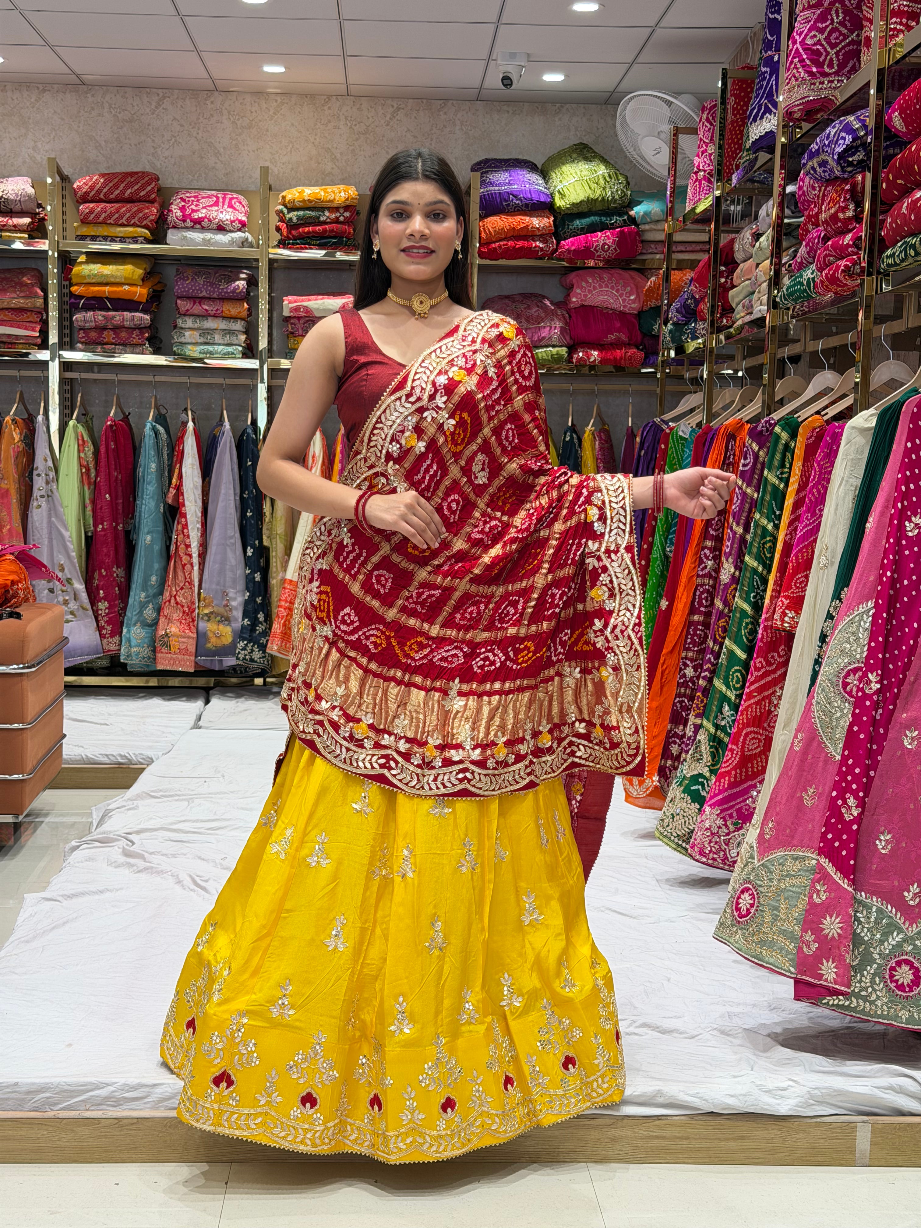 KcPc New Pure Gaji Silk Dupptta GotapattiMoti Foil Work Yellow Red BTU
