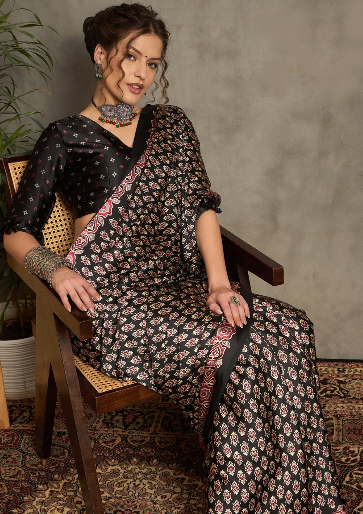 Ajrak Print style saree in black colour