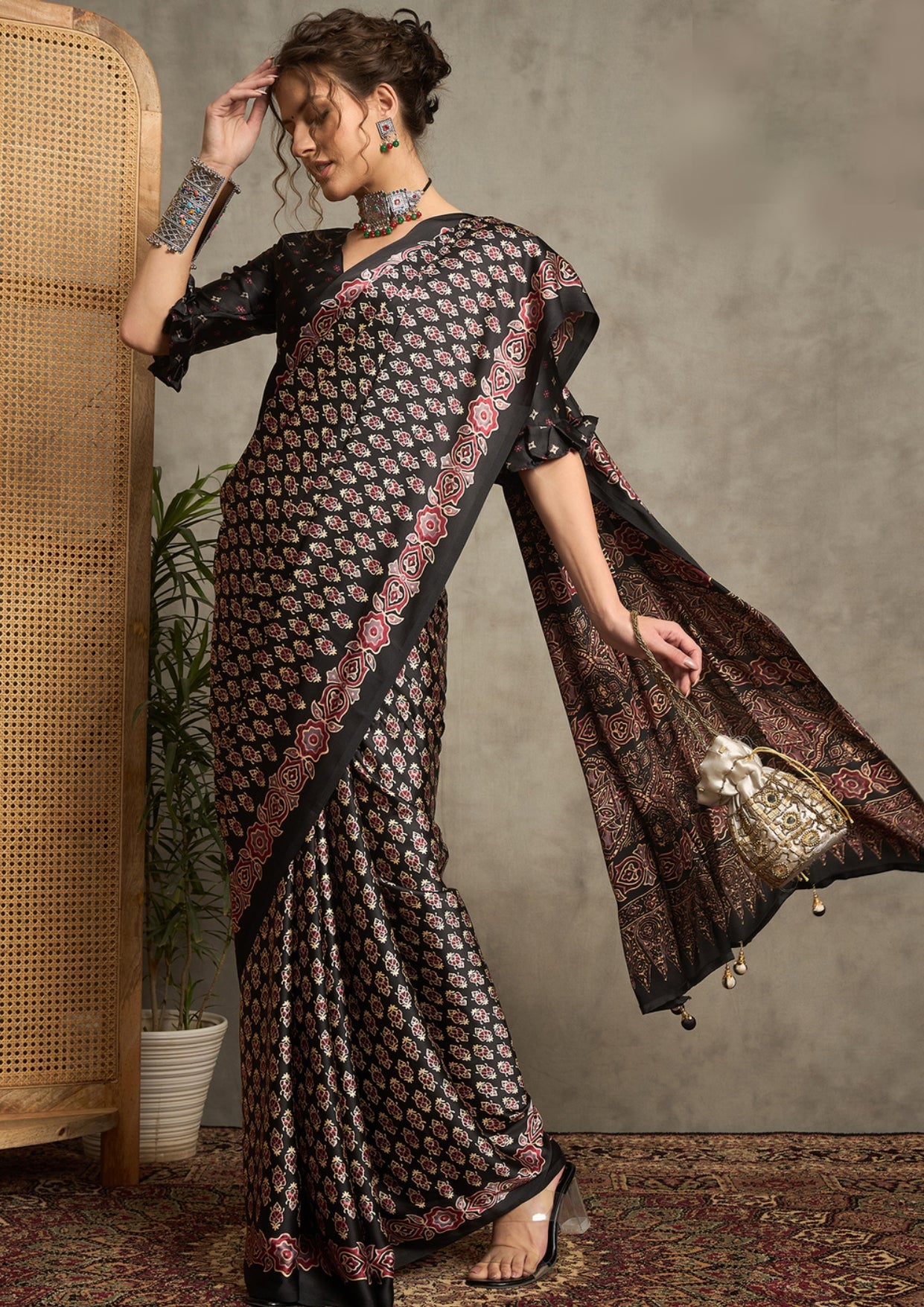 Ajrak Print style saree in black colour