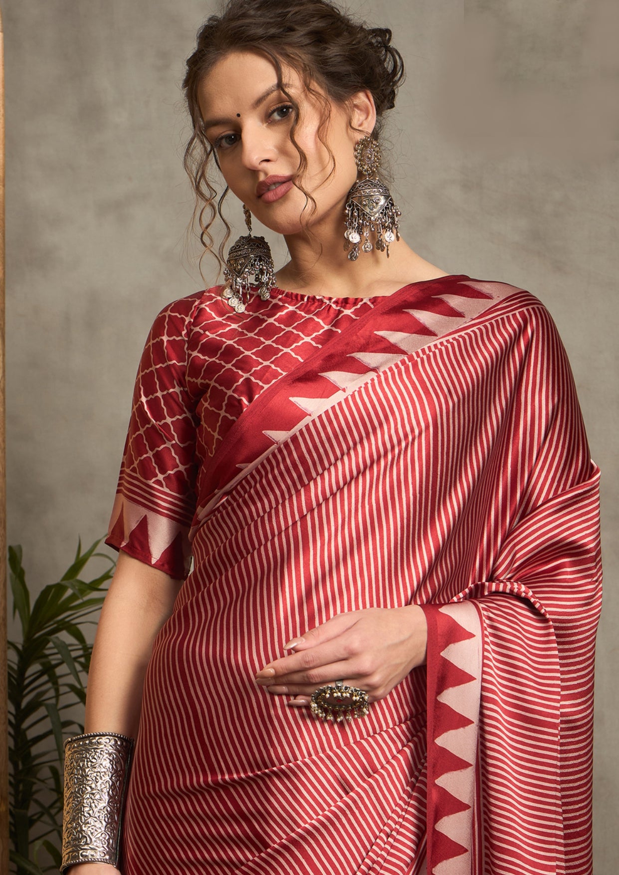 Ajrak Print style saree in red colour