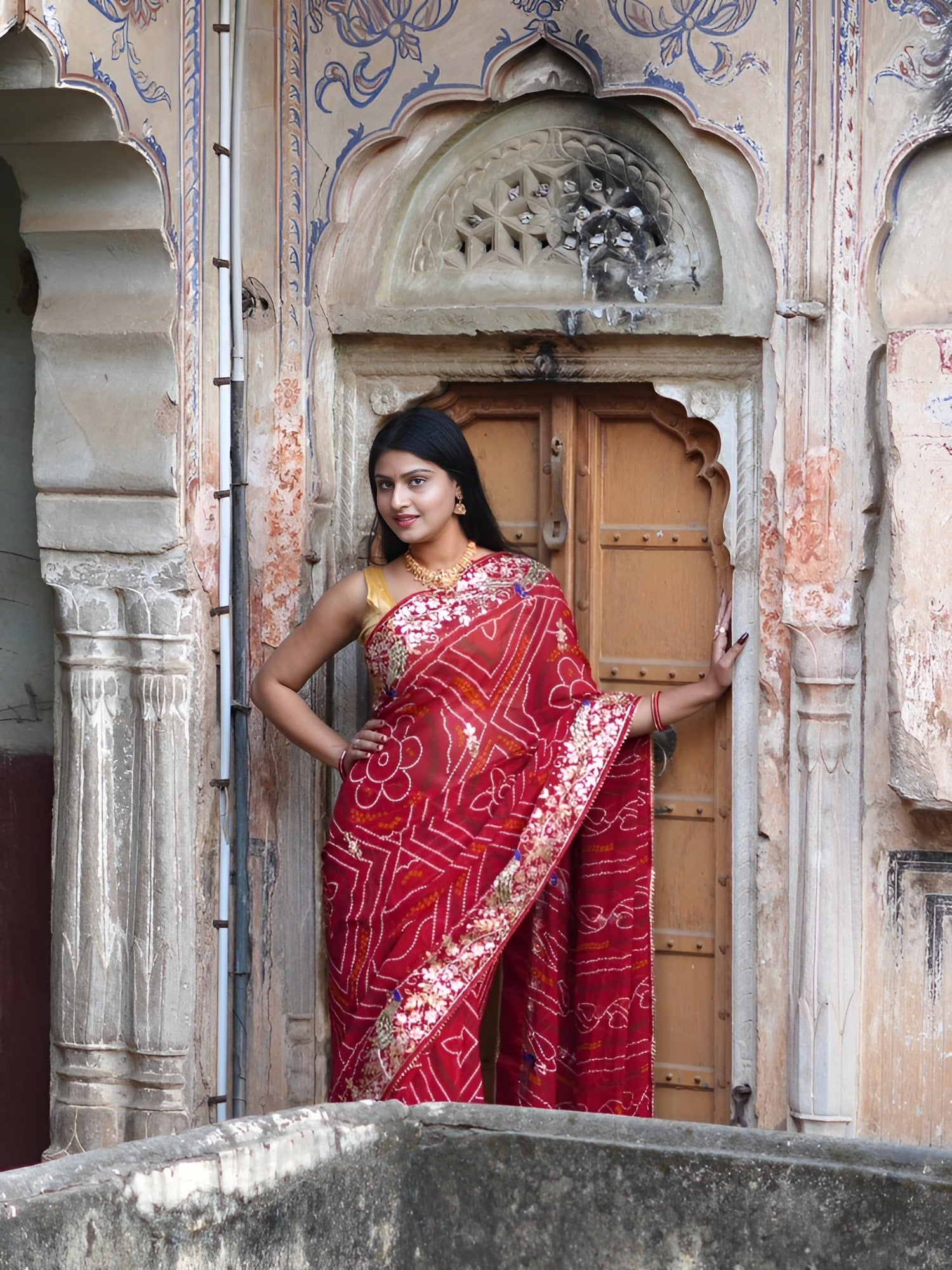 KcPc NewTraditional Georgette Bandhani Style Saree with Gota Patti EmbellishmentAMT