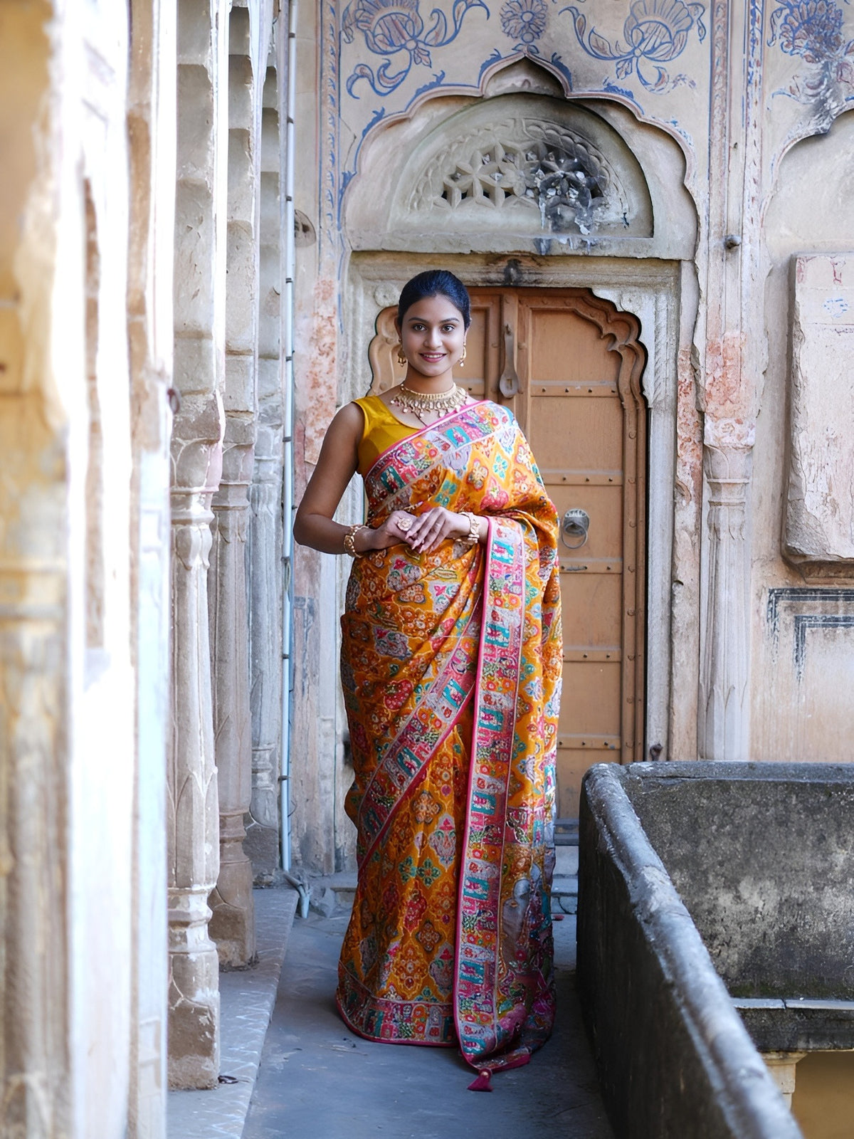 KcPc Traditional Elegance Meenakari Style Katan Silk Saree with Handcrafted Zardosi Work RB