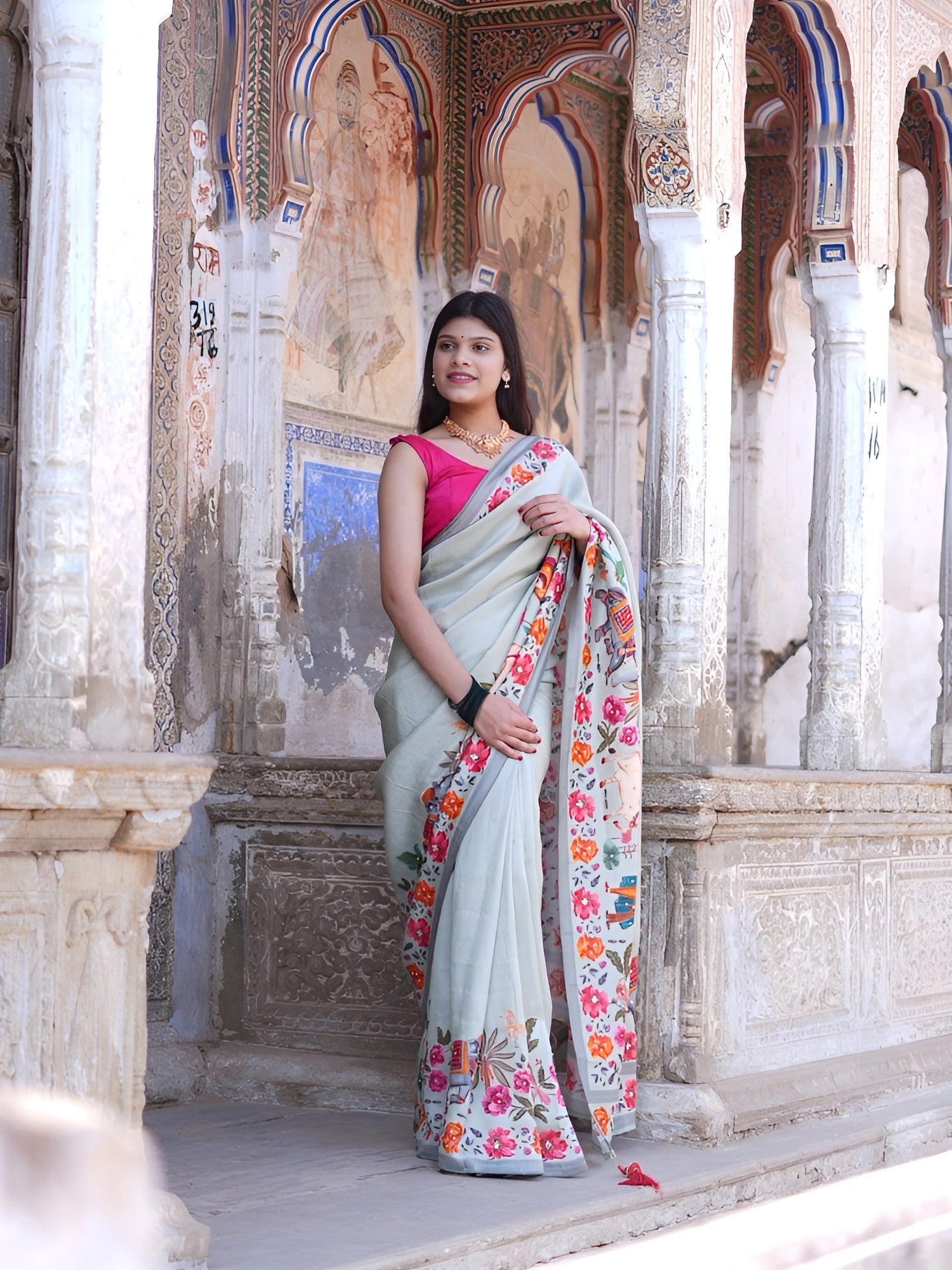 KcPc New Royal Festive Collection Tissue Silk Kalamkari Saree with Traditional Gulin Work RB