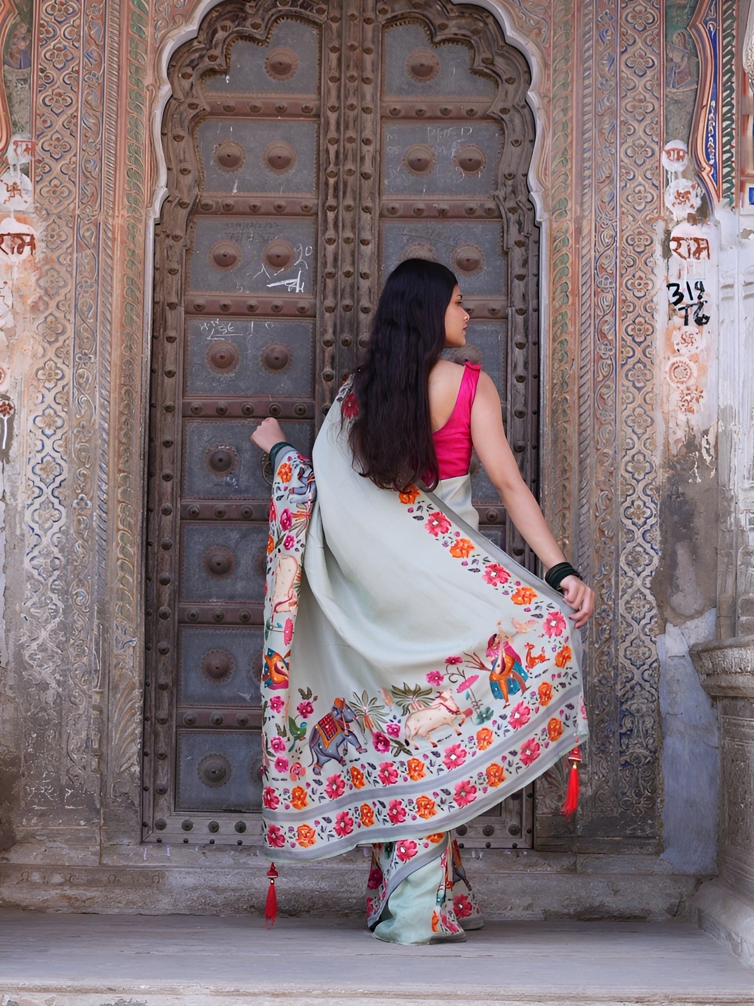 KcPc New Royal Festive Collection Tissue Silk Kalamkari Saree with Traditional Gulin Work RB