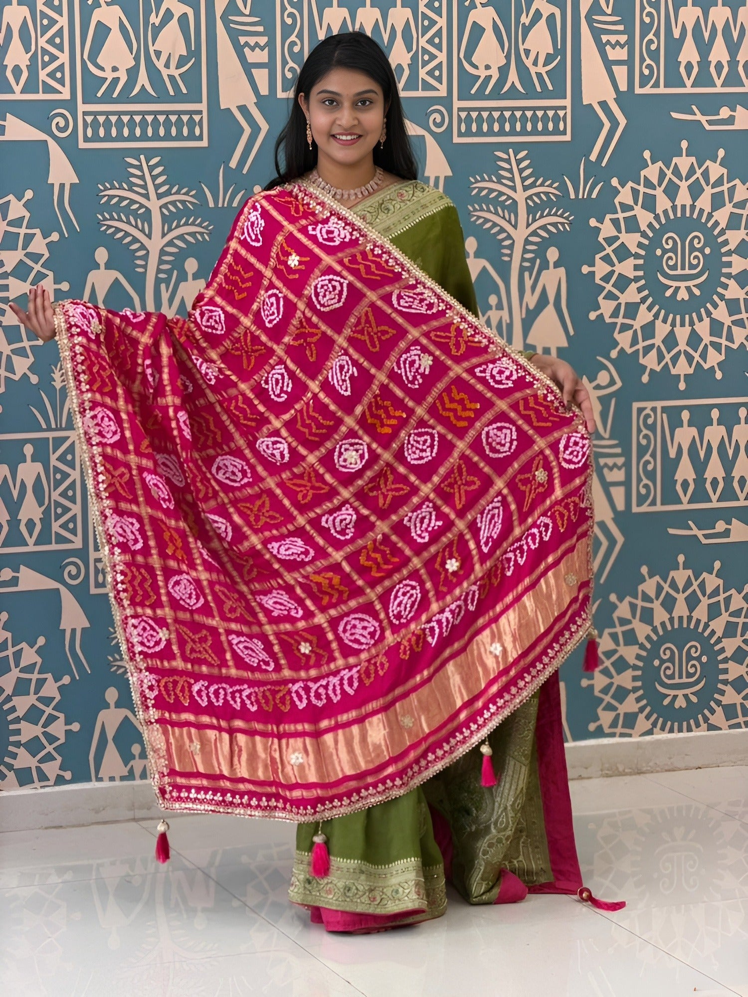 KcPc New Traditional Bandhani Style Gaji Silk Dupatta with Gota Patti WorkAMT
