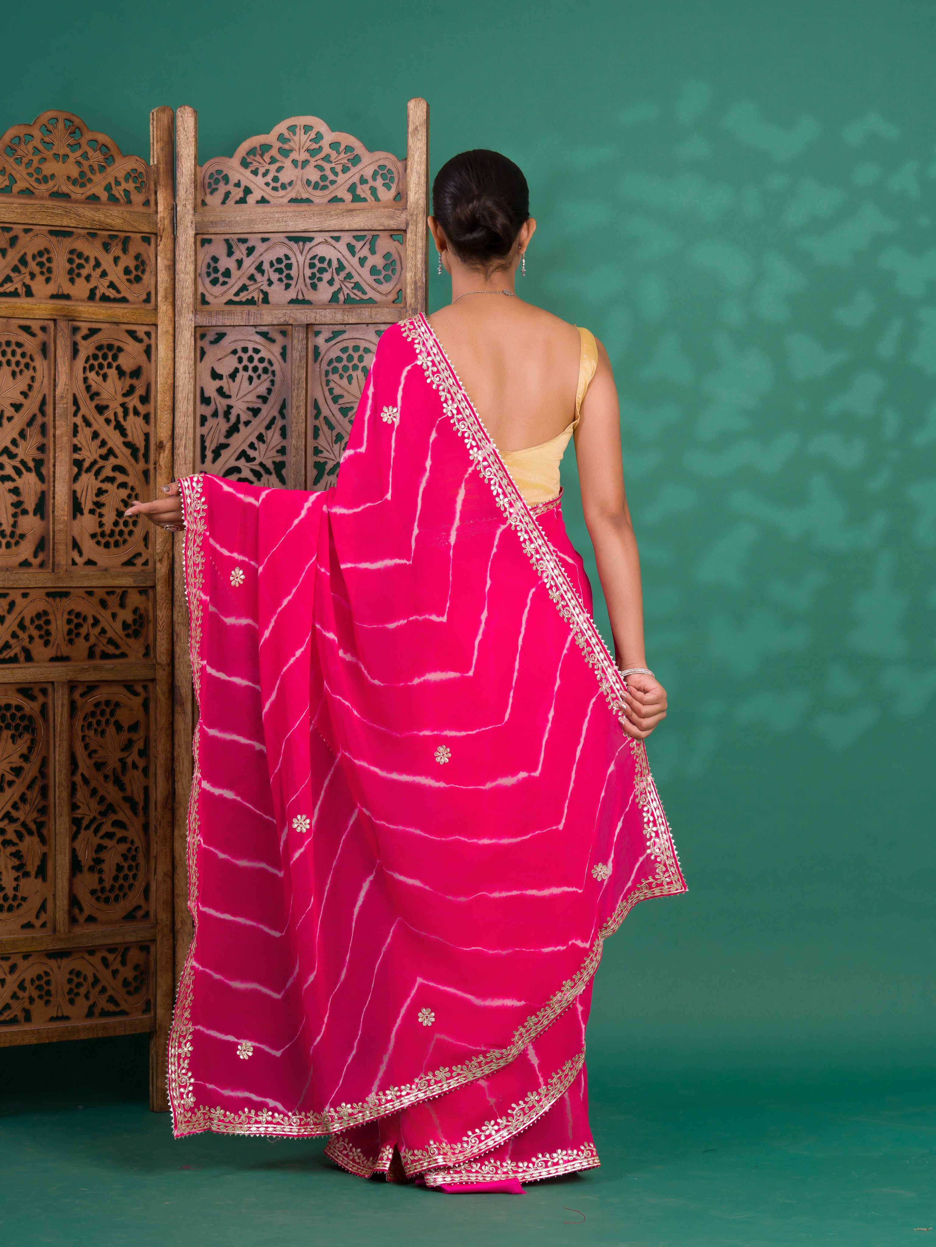 Chiffon Leheriya Style Wih Gotapatti Work Saree in pink colour