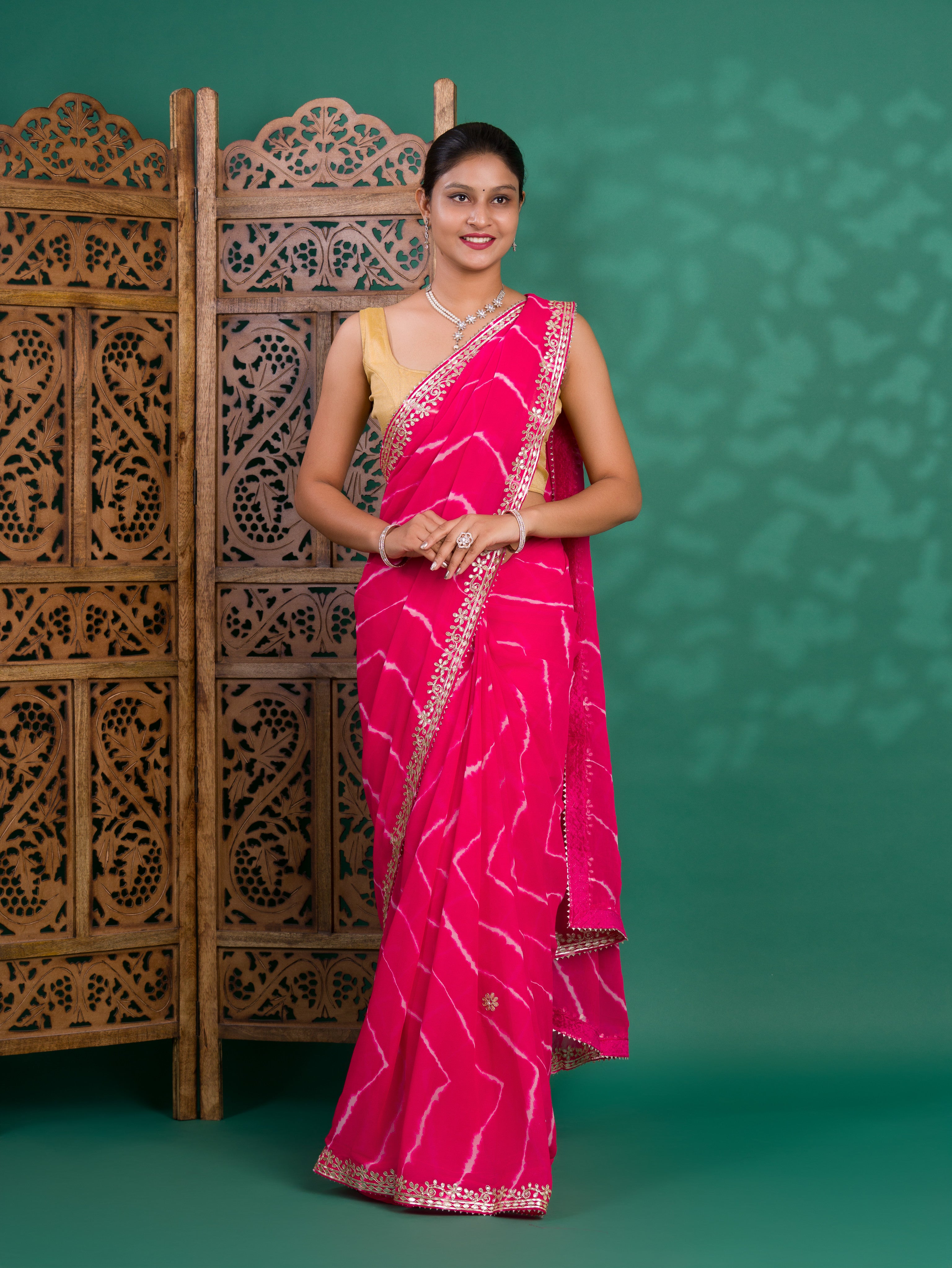 Chiffon Leheriya Style Wih Gotapatti Work Saree in pink colour