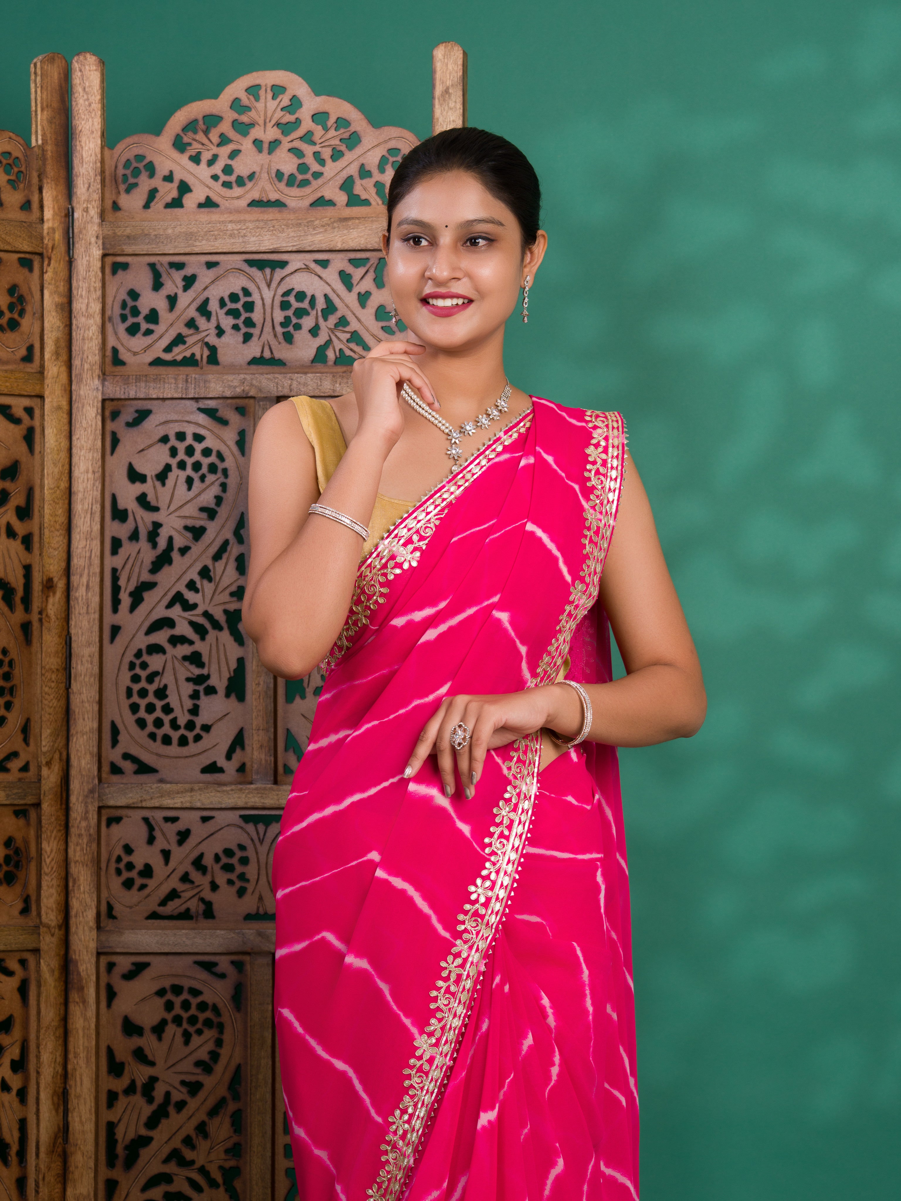 Chiffon Leheriya Style Wih Gotapatti Work Saree in pink colour