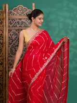 Chiffon Leheriya Style Wih Gotapatti Work Saree in red colour