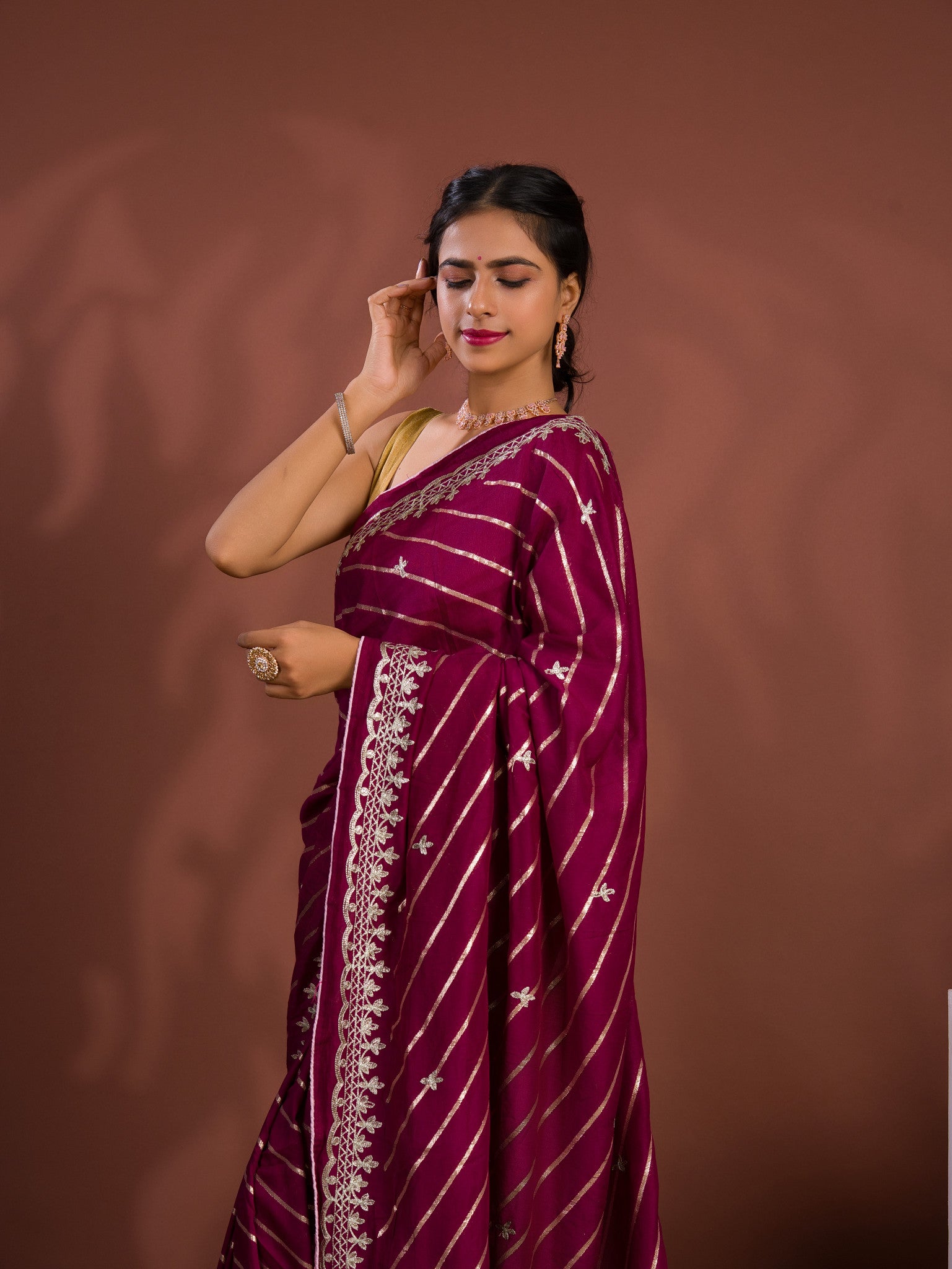 By New Beautiful Leheriya Style With Embroidery Work Saree
