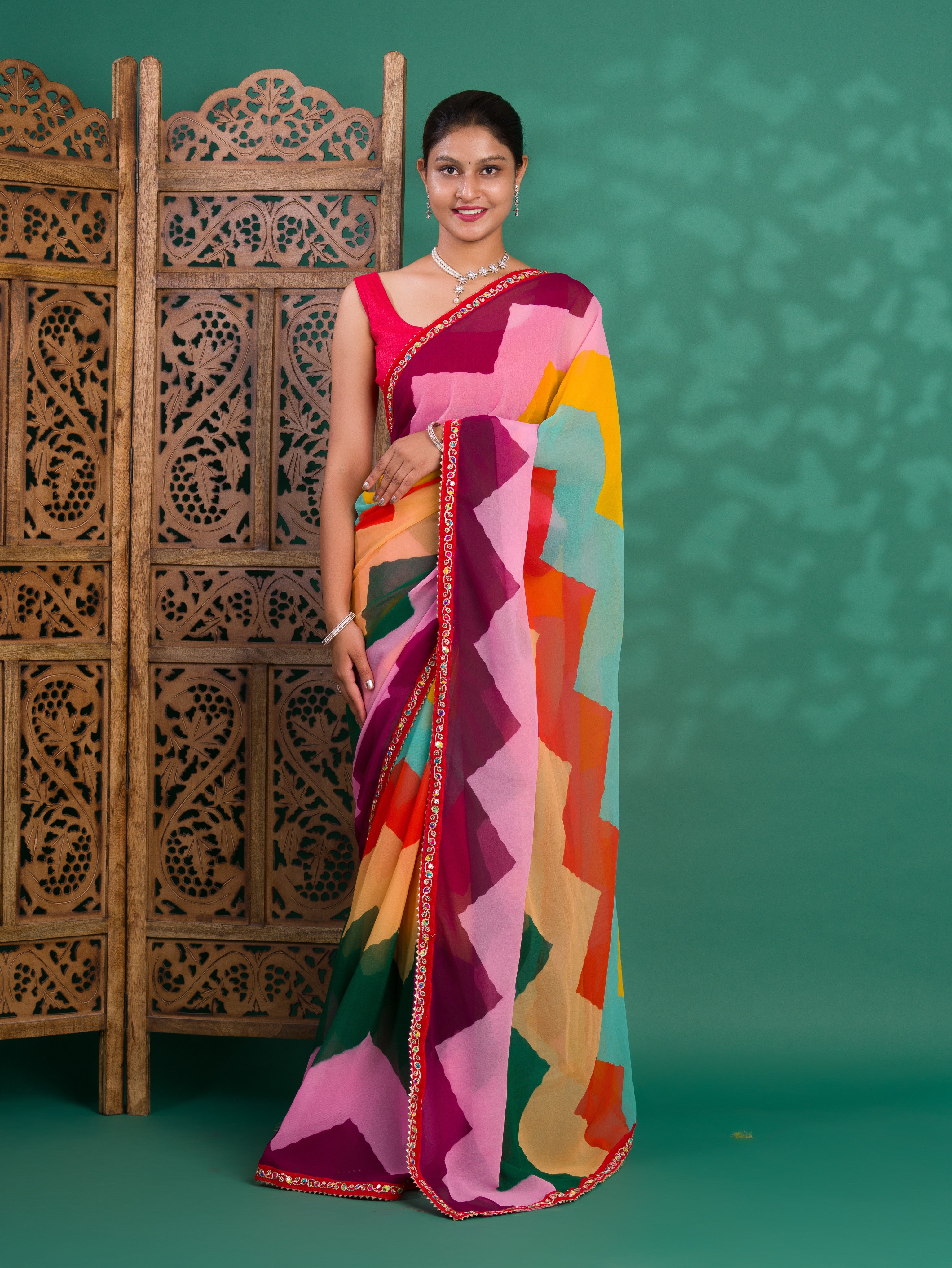By New Special Zik Zag Chiffon Embroidery Work Saree
