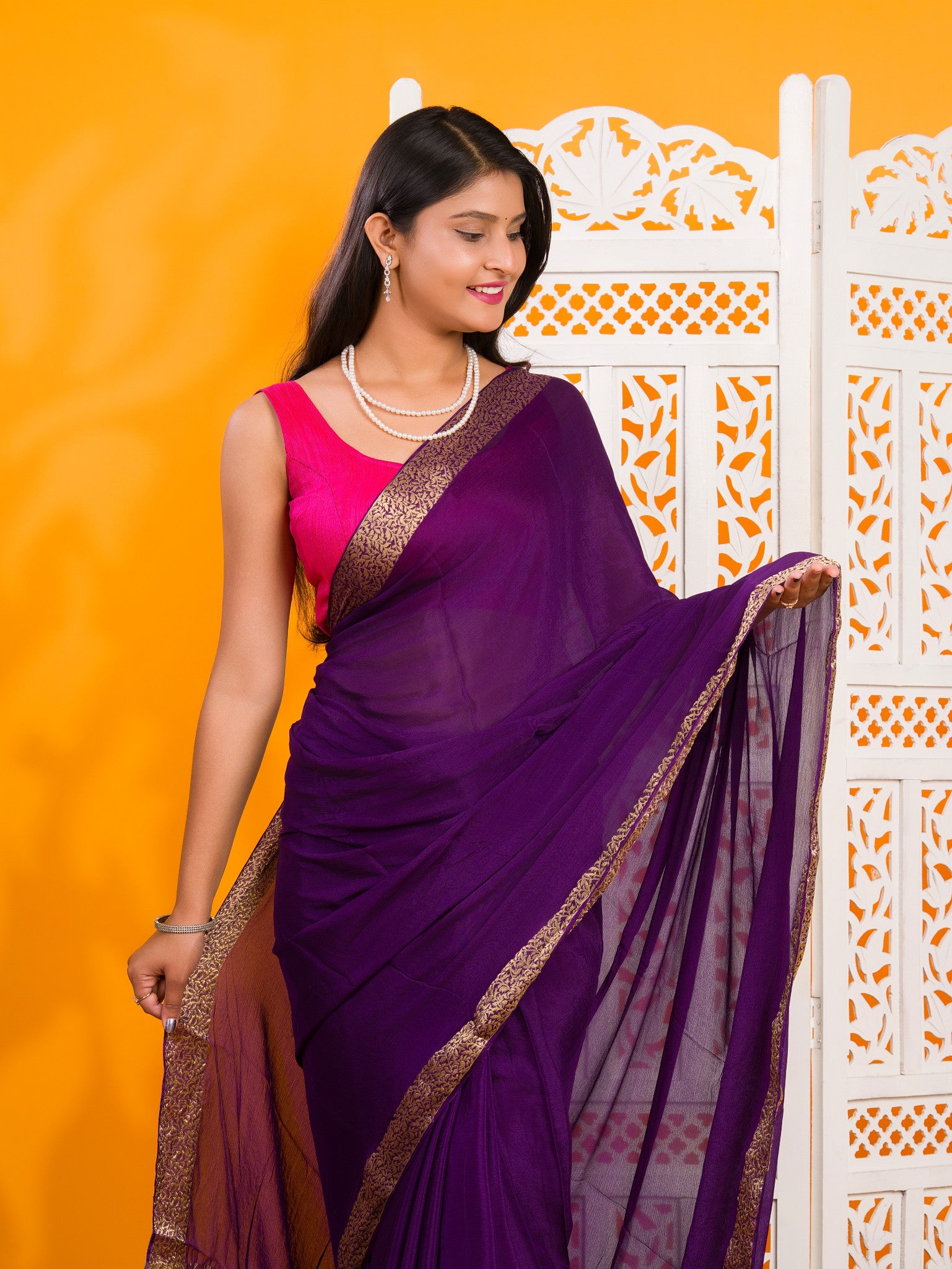 By New Pure Ojariya Chinon Beautiful Zari border Pallu saree