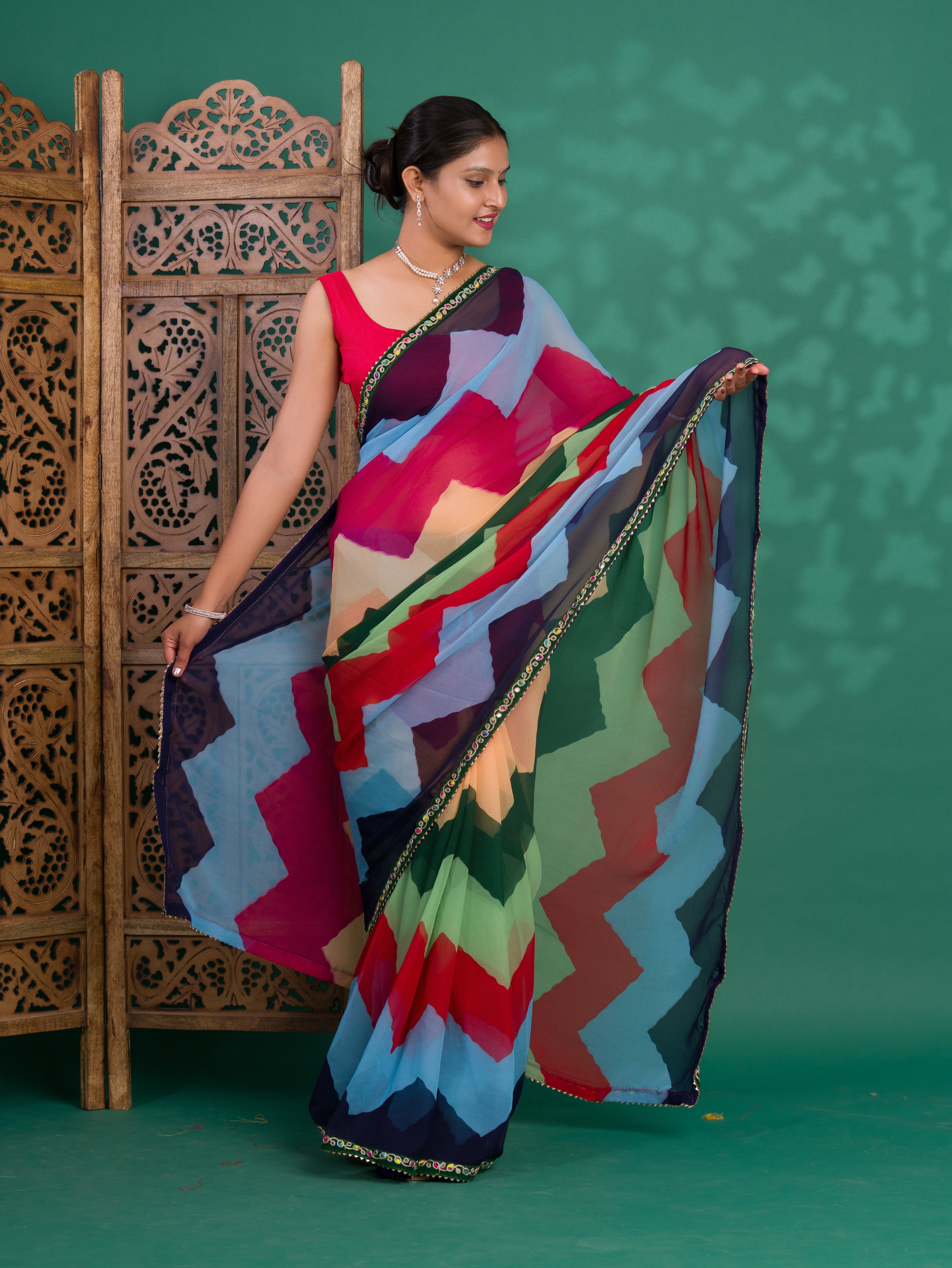 By New Special Zik Zag Chiffon Embroidery Work Saree